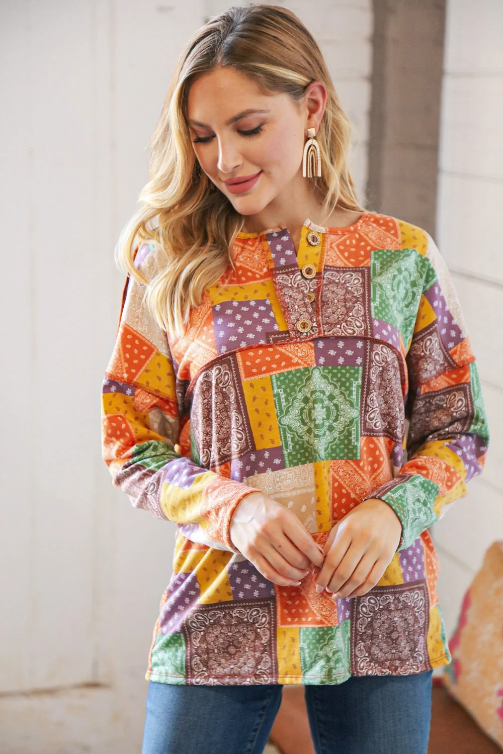 Multicolor Patchwork Button Down Terry Outseam Top - Image 7