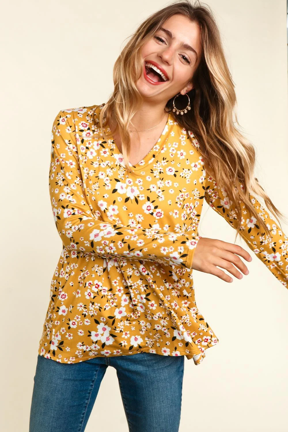 MUSTARD FLORAL LONG SLEEVE PEPLUM KNIT TOP - Image 2