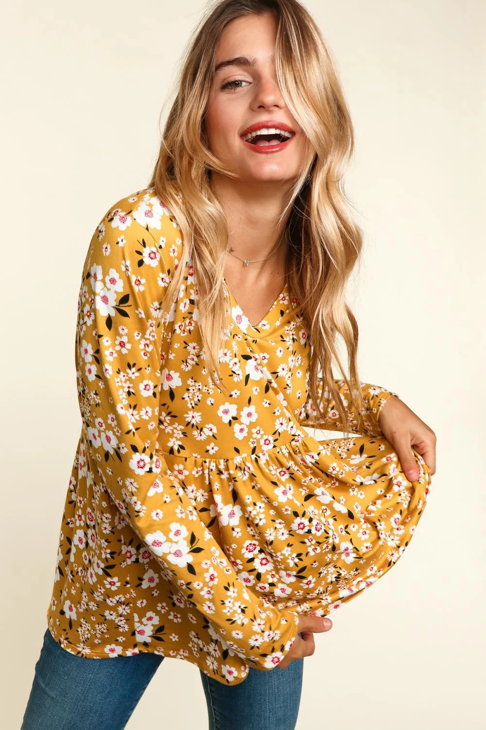 MUSTARD FLORAL LONG SLEEVE PEPLUM KNIT TOP - Image 4