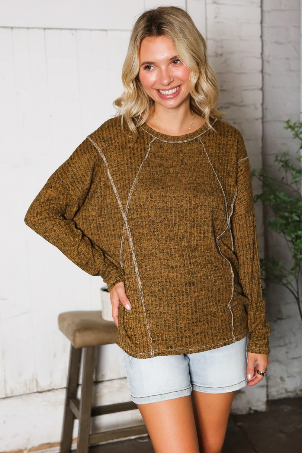 Mustard Ribbed Brushed Top - Image 3