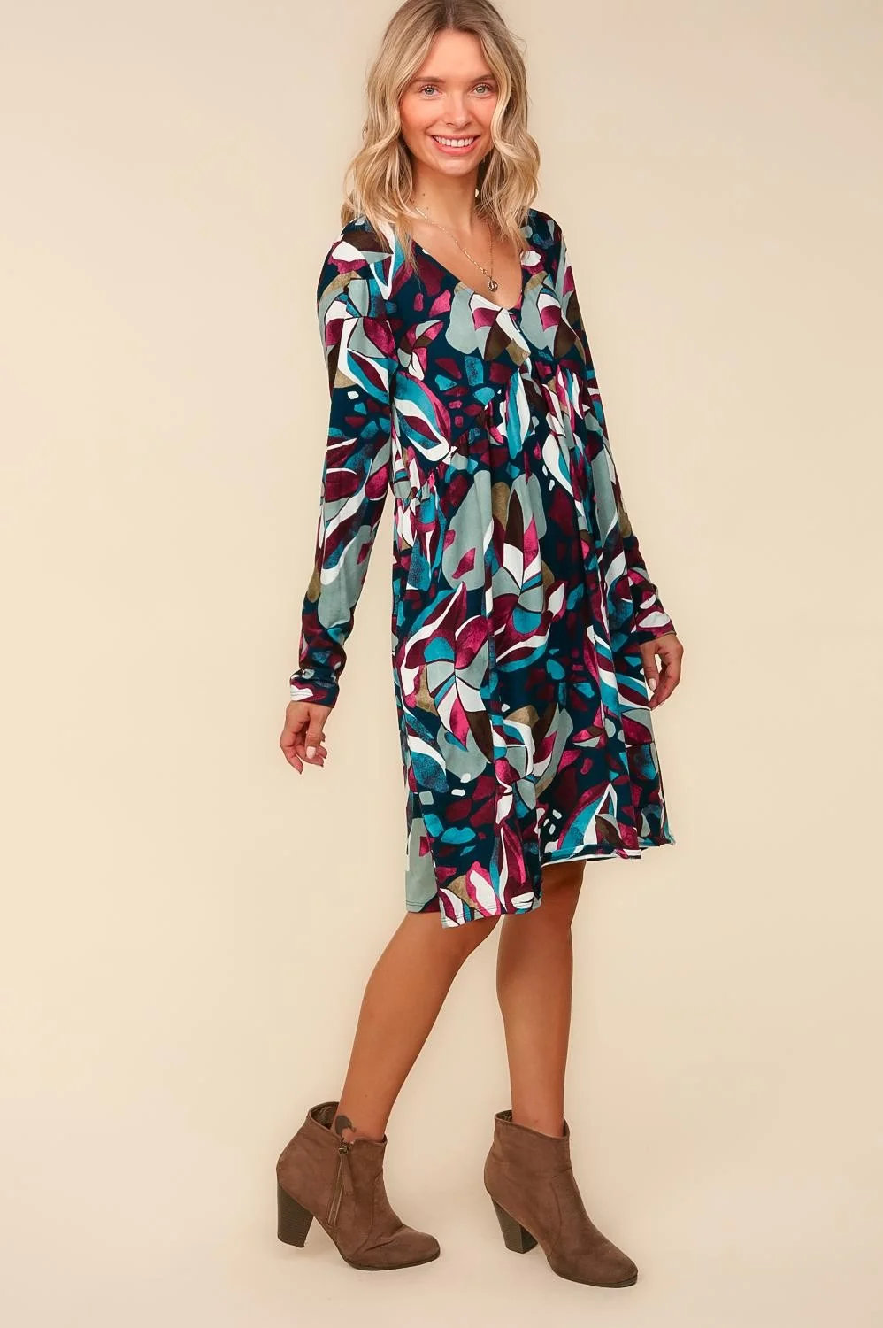 NAVY BABYDOLL EMPIRE WAIST ABSTRACT PRINT DRESS - Image 2