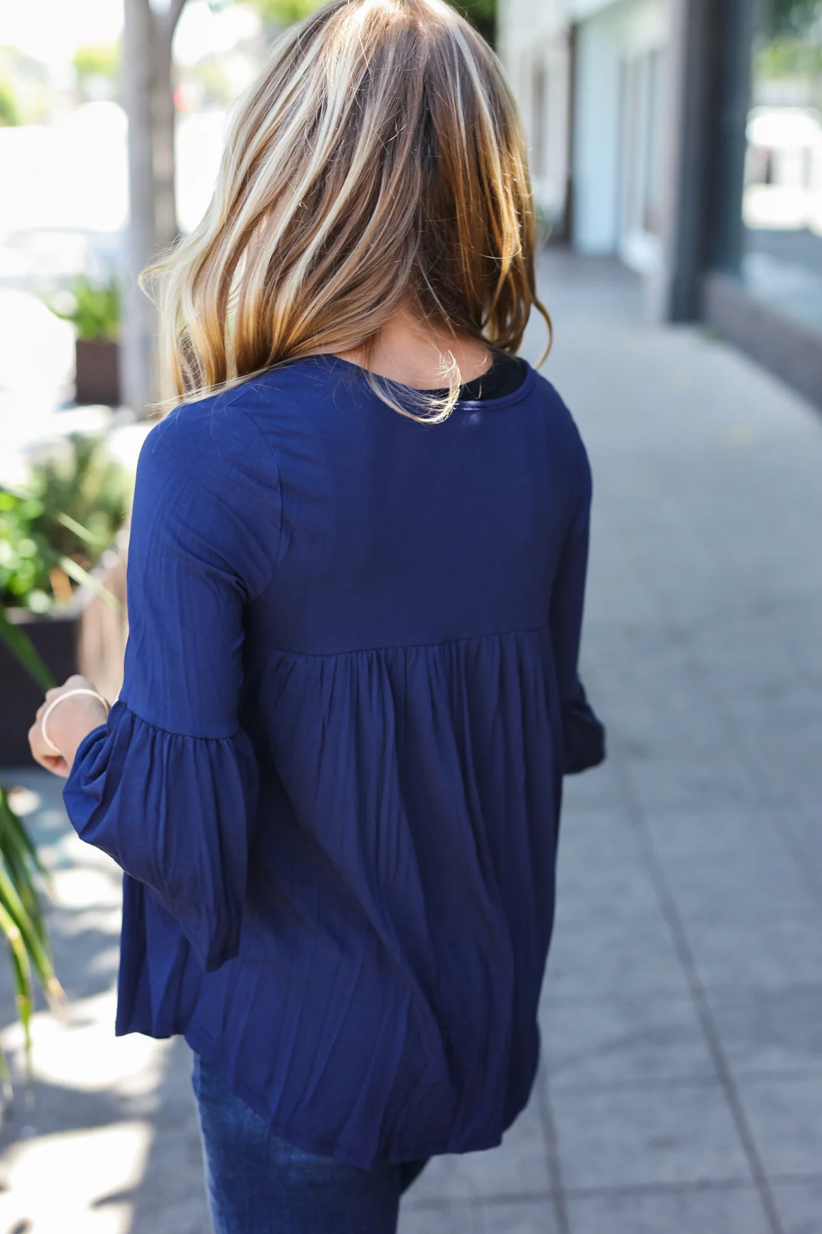Navy Button Down Bell Sleeve Top - Image 4