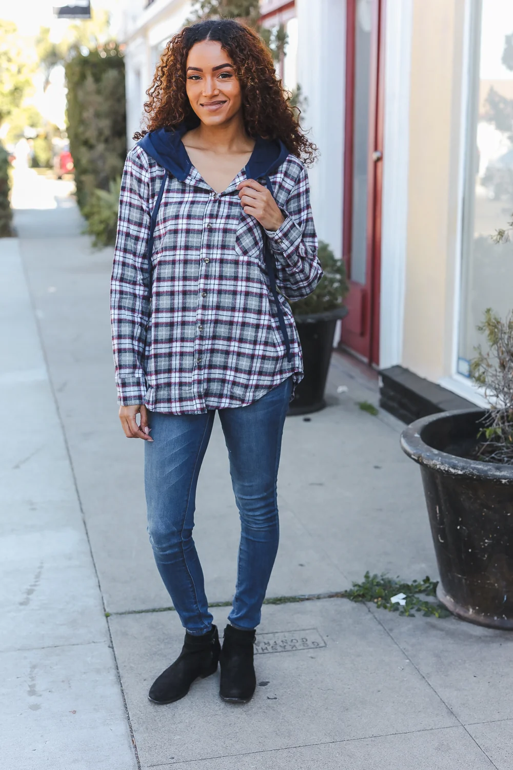 Navy Button Plaid Hoodie - Image 2