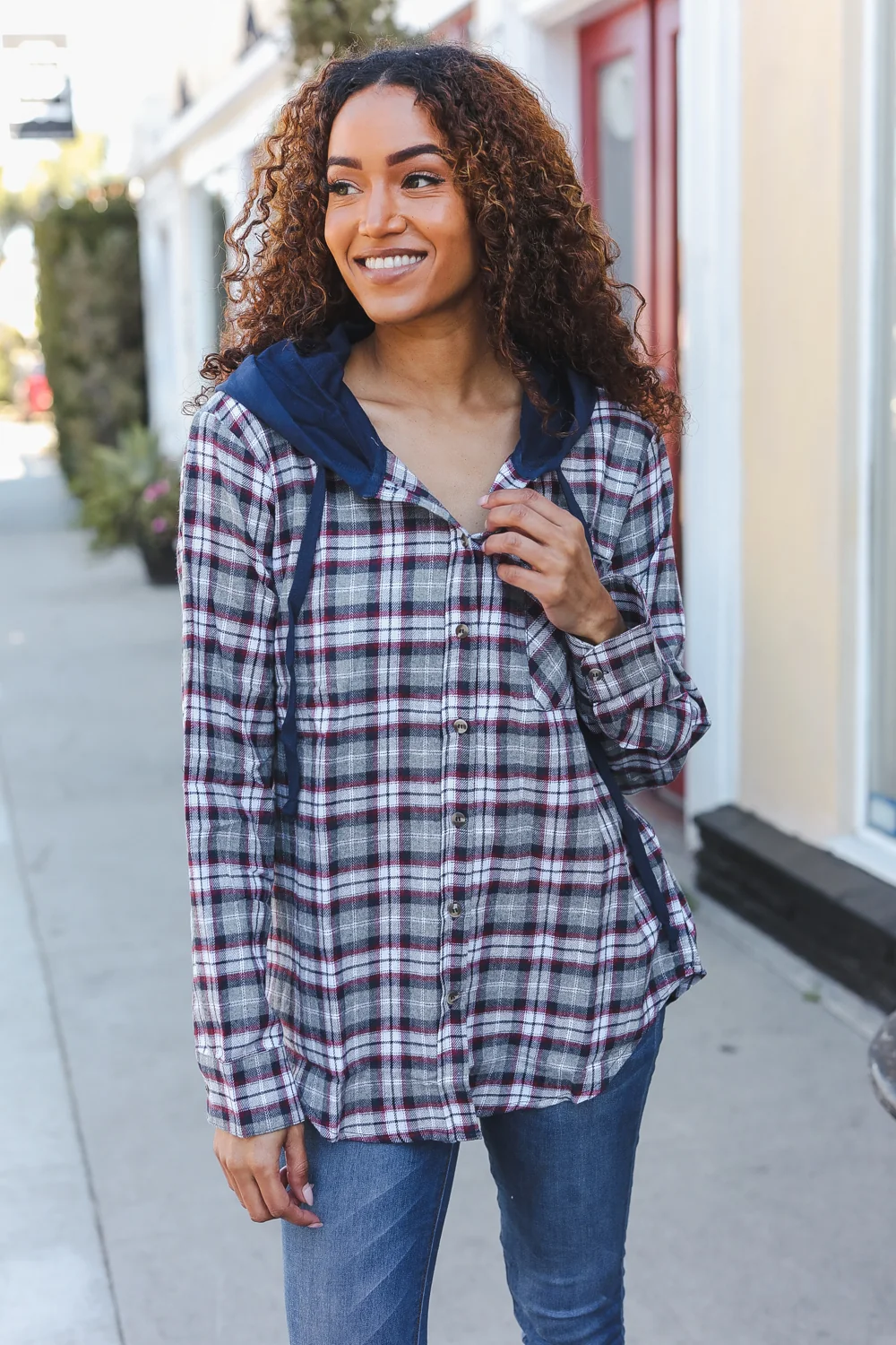 Navy Button Plaid Hoodie - Image 3