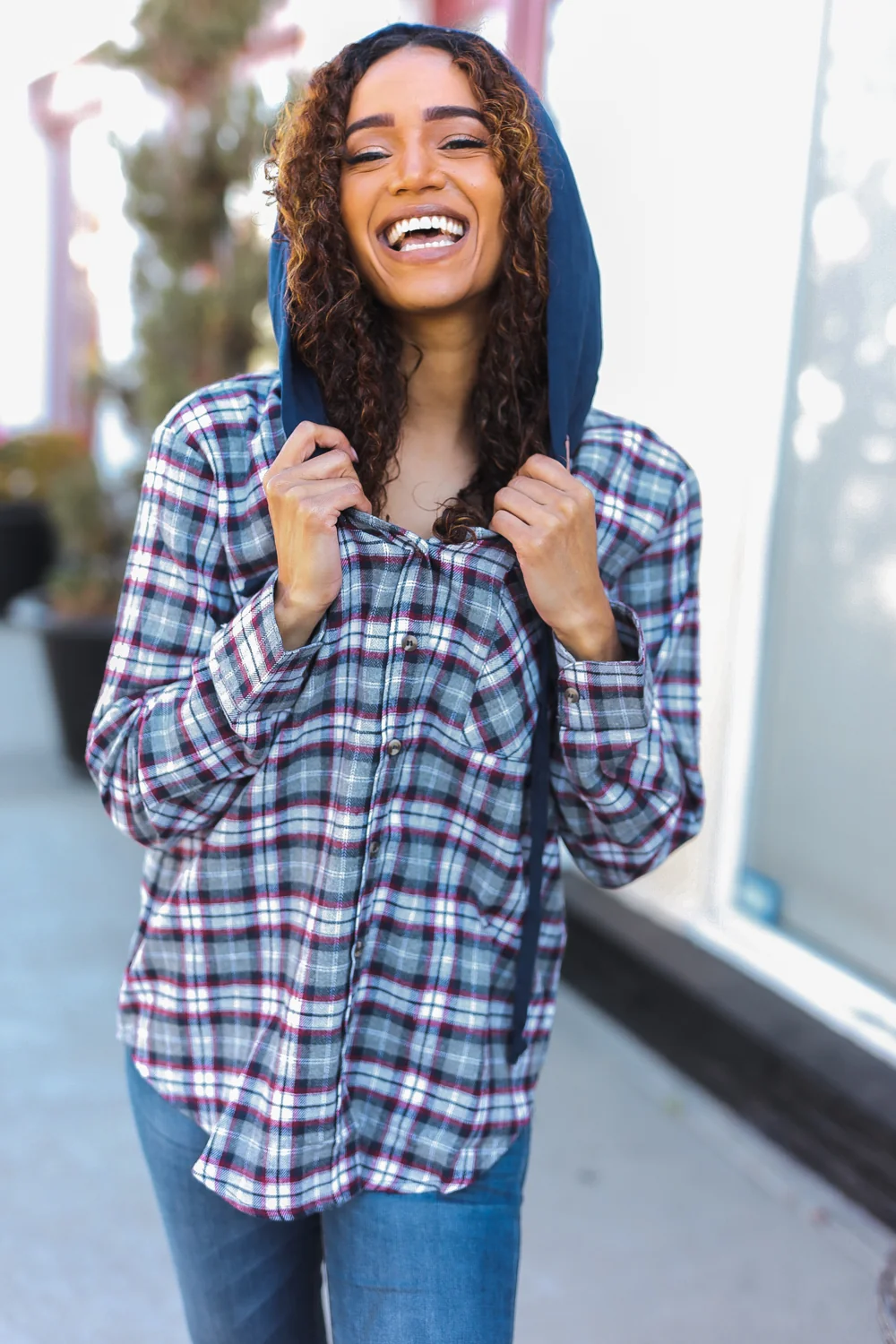 Navy Button Plaid Hoodie - Image 7