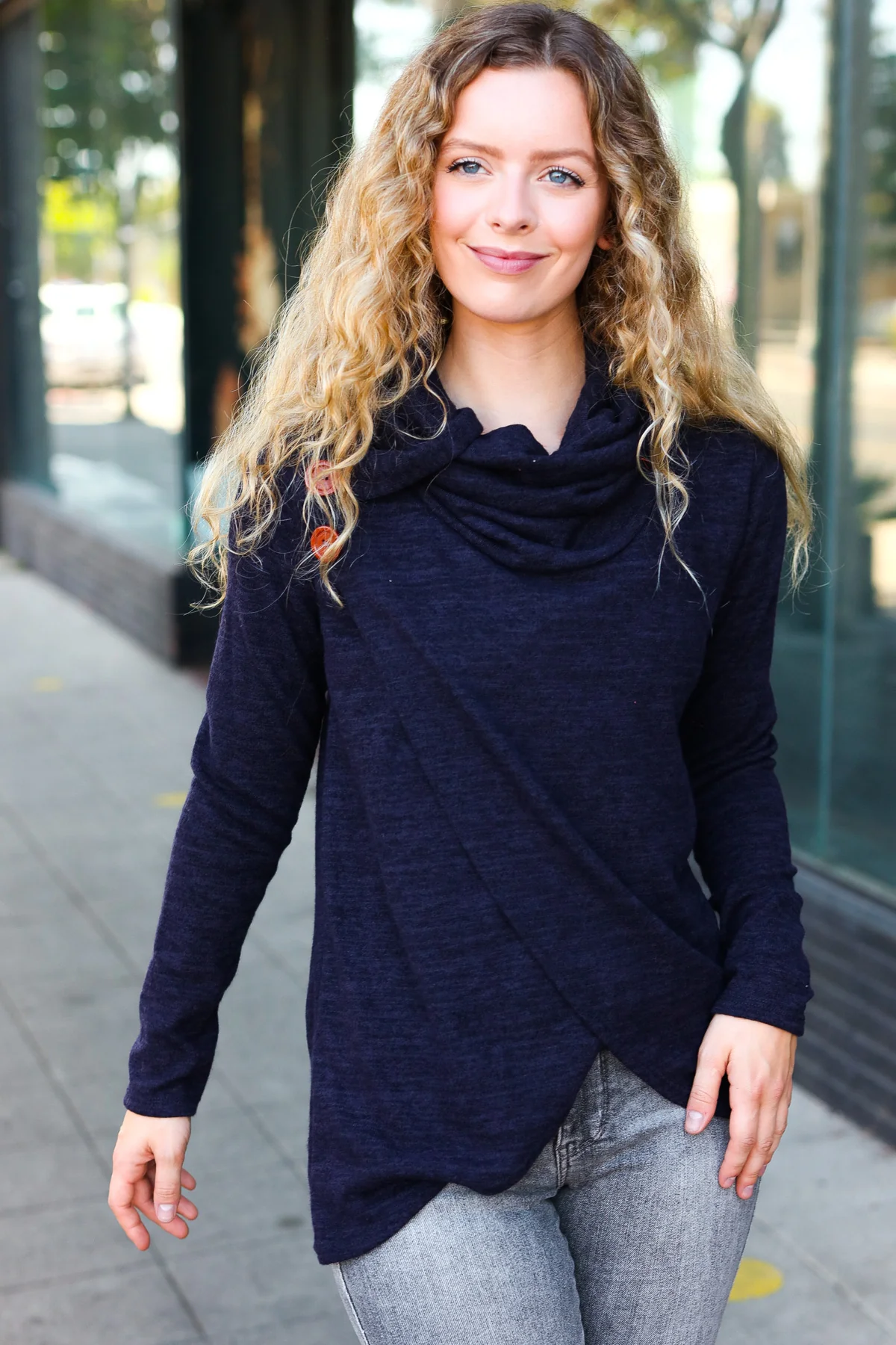 Navy Cowl Button Neck Top - Image 4