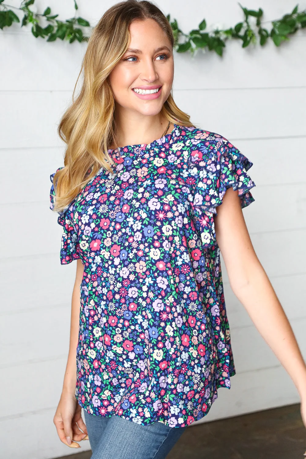 Navy Floral Mock Neck Flutter Sleeve Top (Open Pack) - Image 13