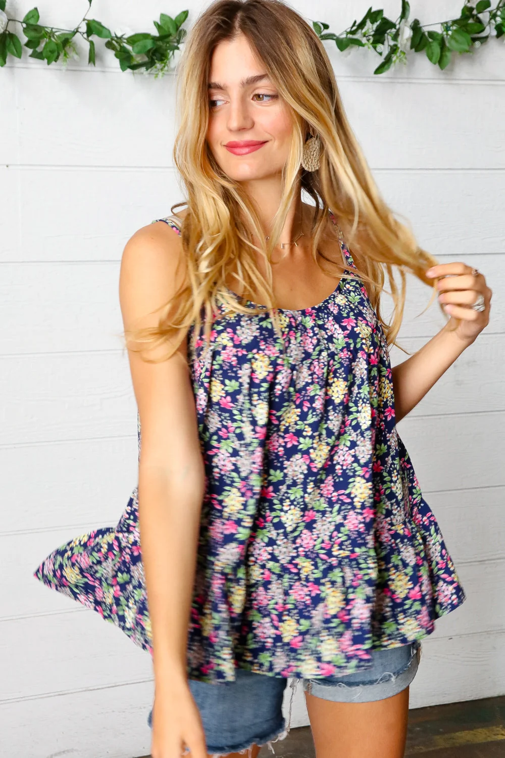 Navy Floral Ruffle Hem Sleeveless Top (Open Pack) - Image 7