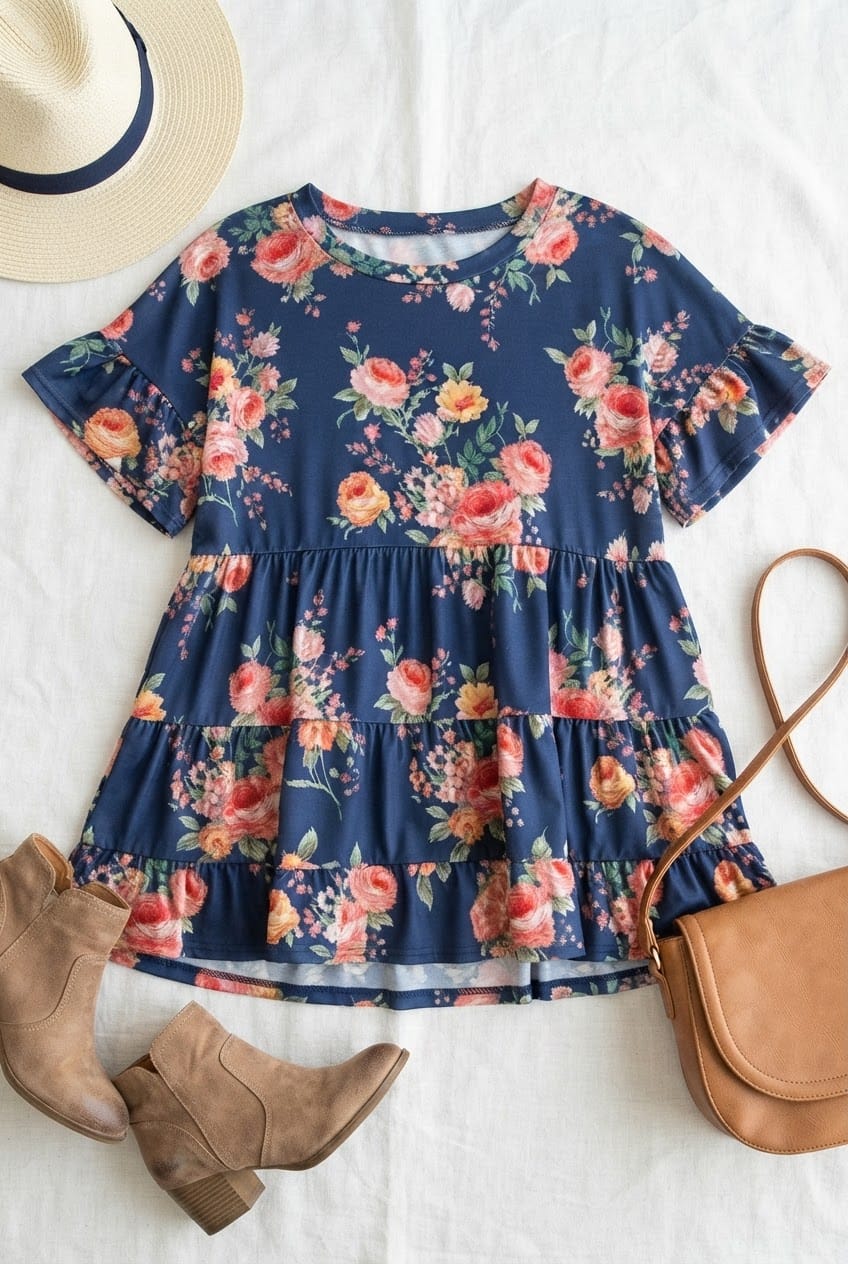 Plus Navy Floral Tiered Ruffle Babydoll Top