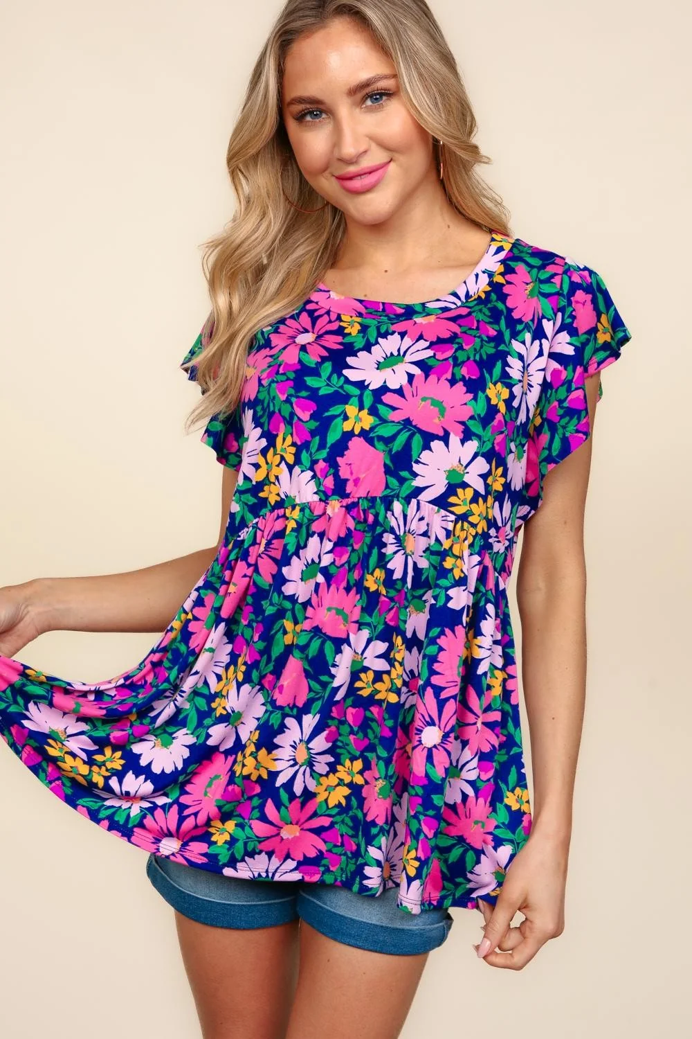 Navy/Lilac Floral Peplum Ruffle Short Sleeve Knit Top (4pc) - Image 4