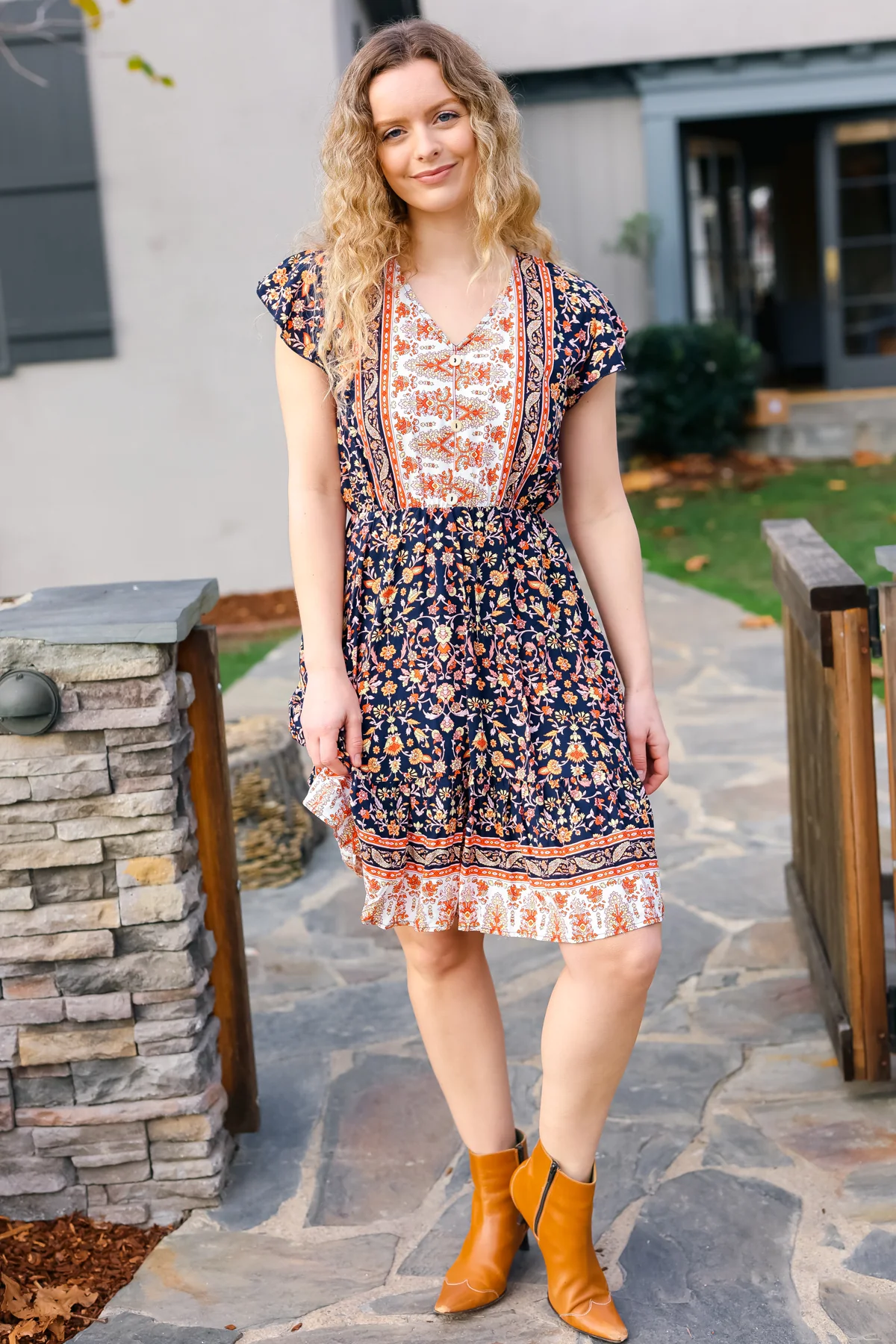 Navy Orange Buttoned Short Sleeve Floral Pocketed Dress - Image 6