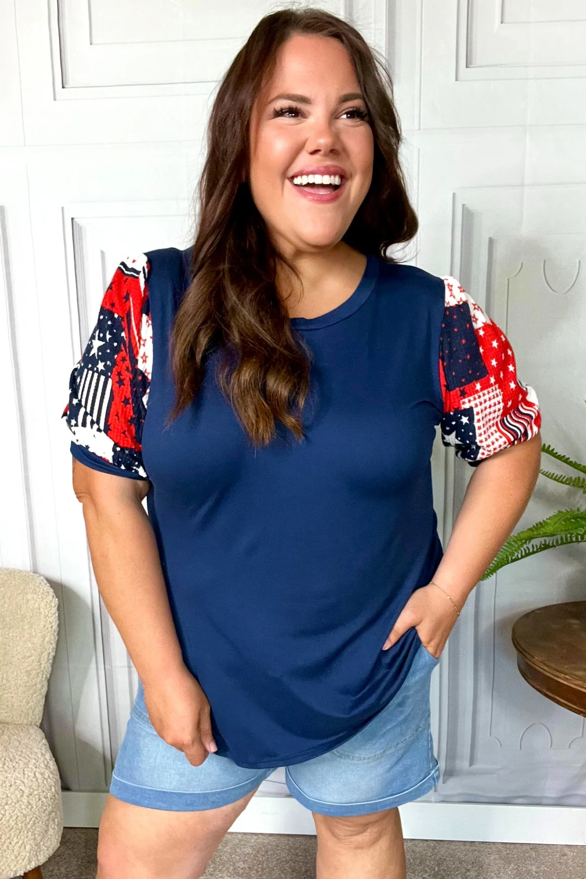 Stand-Out Navy Patriotic Patchwork Puff Sleeve Top (Open Pack)