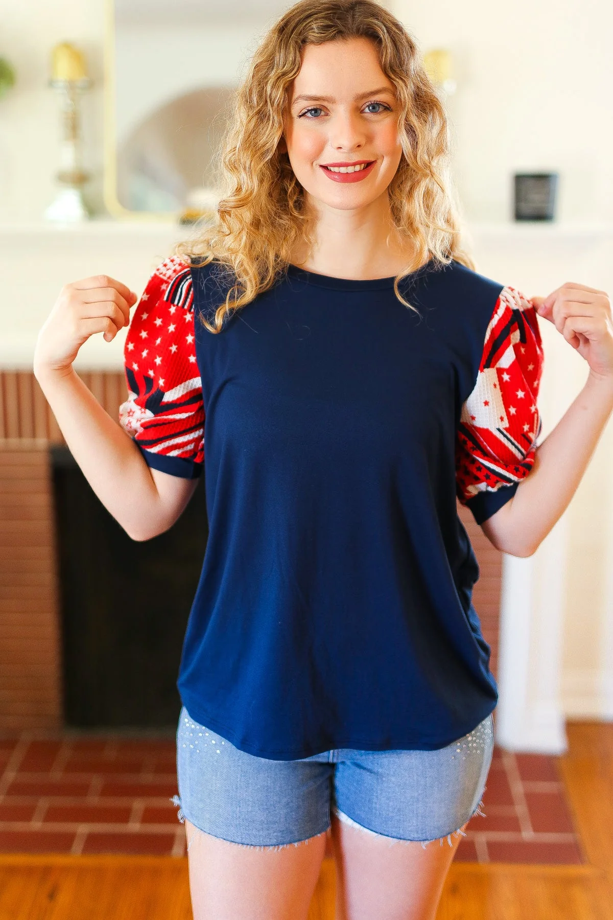 Stand-Out Navy Patriotic Patchwork Puff Sleeve Top (Open Pack) - Image 10