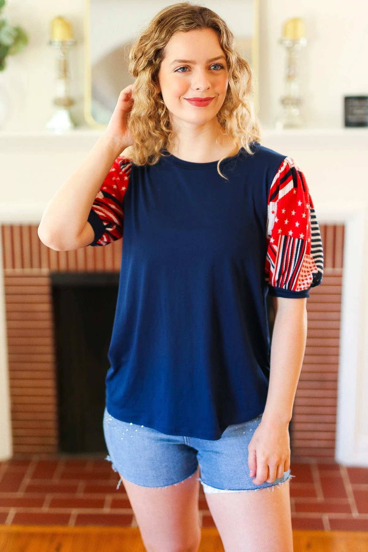 Stand-Out Navy Patriotic Patchwork Puff Sleeve Top (Open Pack) - Image 6
