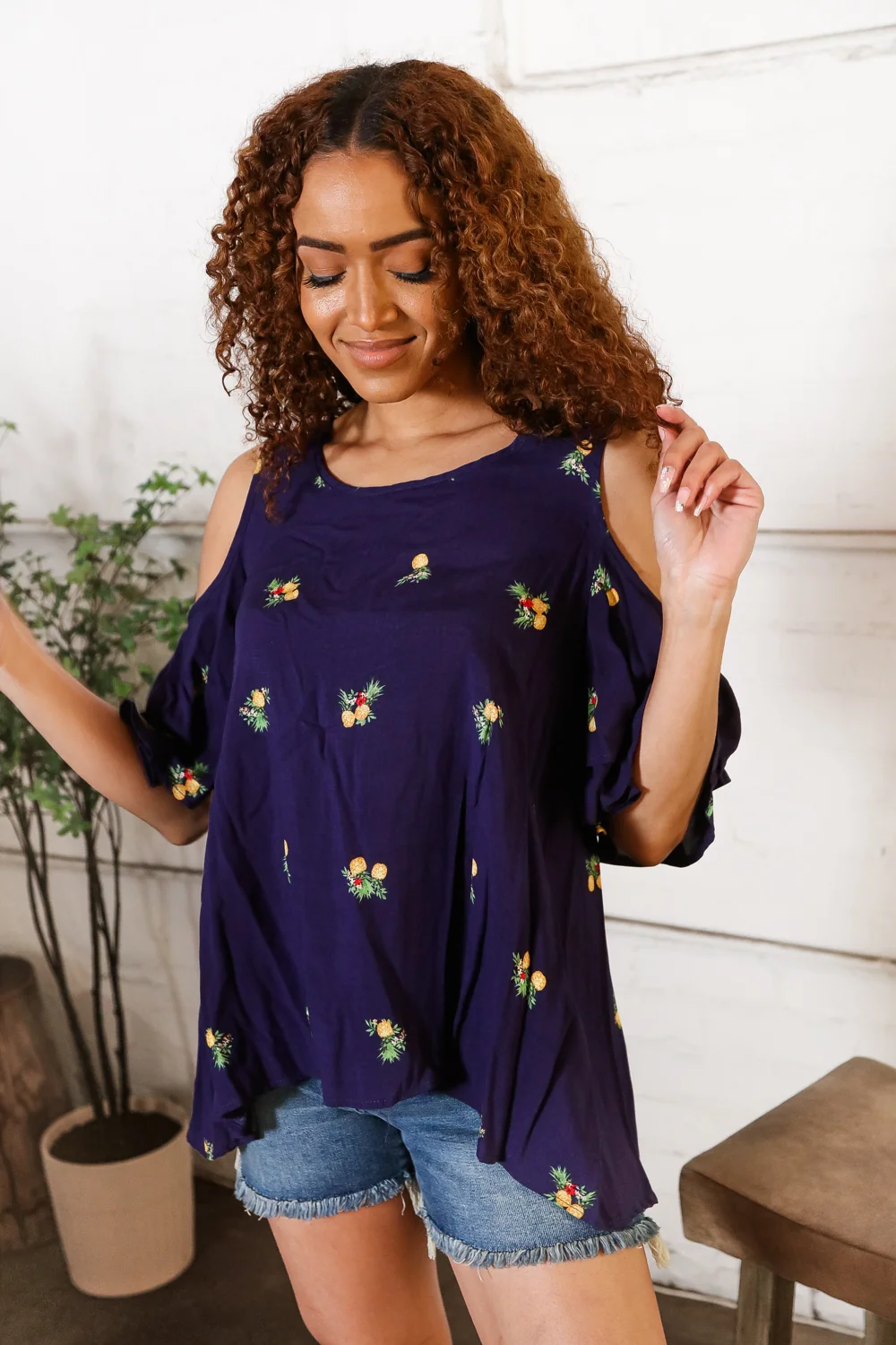 Navy Tropical Print Top - Image 2