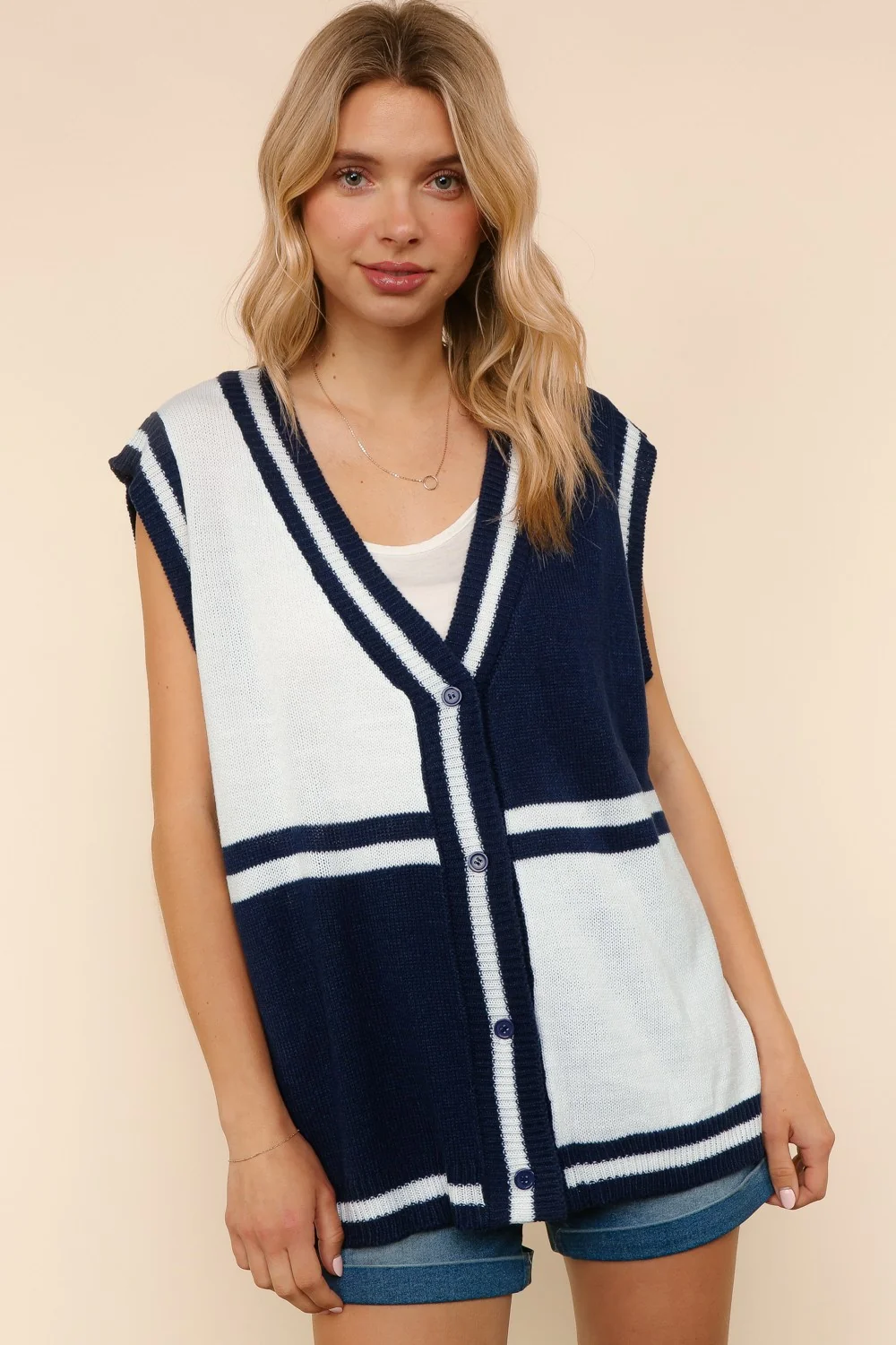 Navy V Neck Button Down Color Block Sweater Vest - Image 4