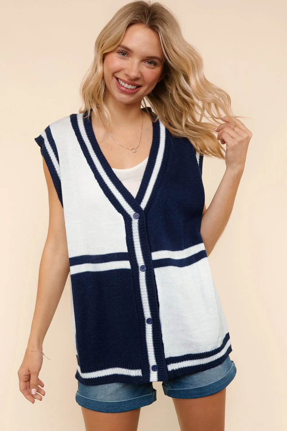 Navy V Neck Button Down Color Block Sweater Vest - Image 5