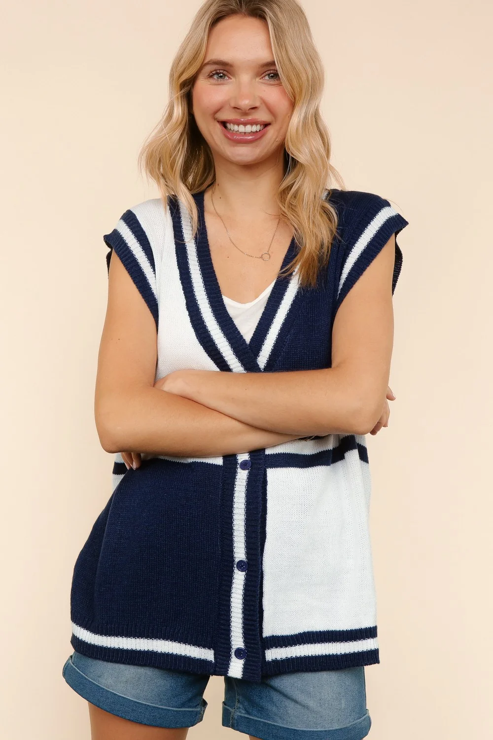 Navy V Neck Button Down Color Block Sweater Vest - Image 6