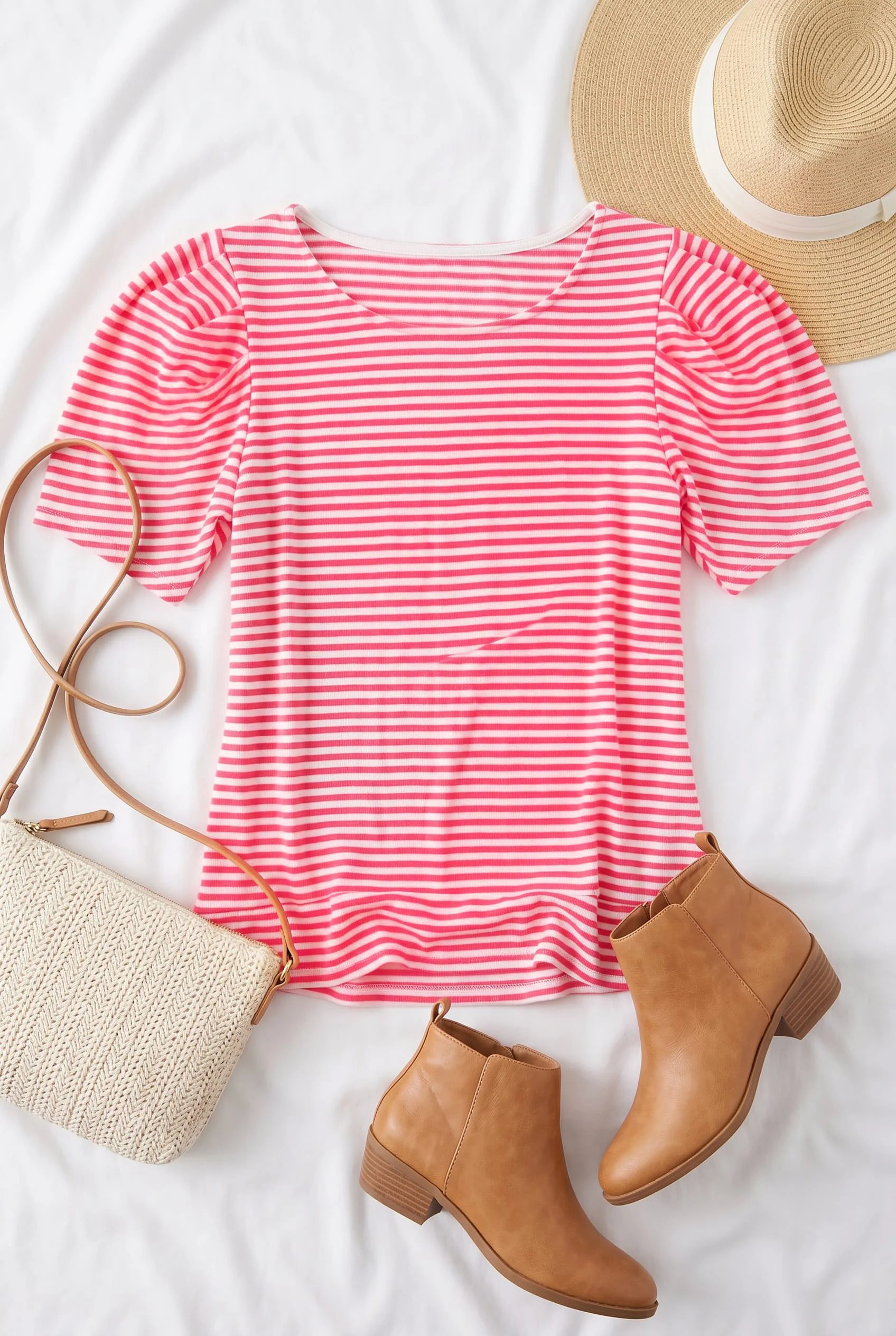 Neon Coral Striped Ribbed Short Sleeve Top (All Smalls)