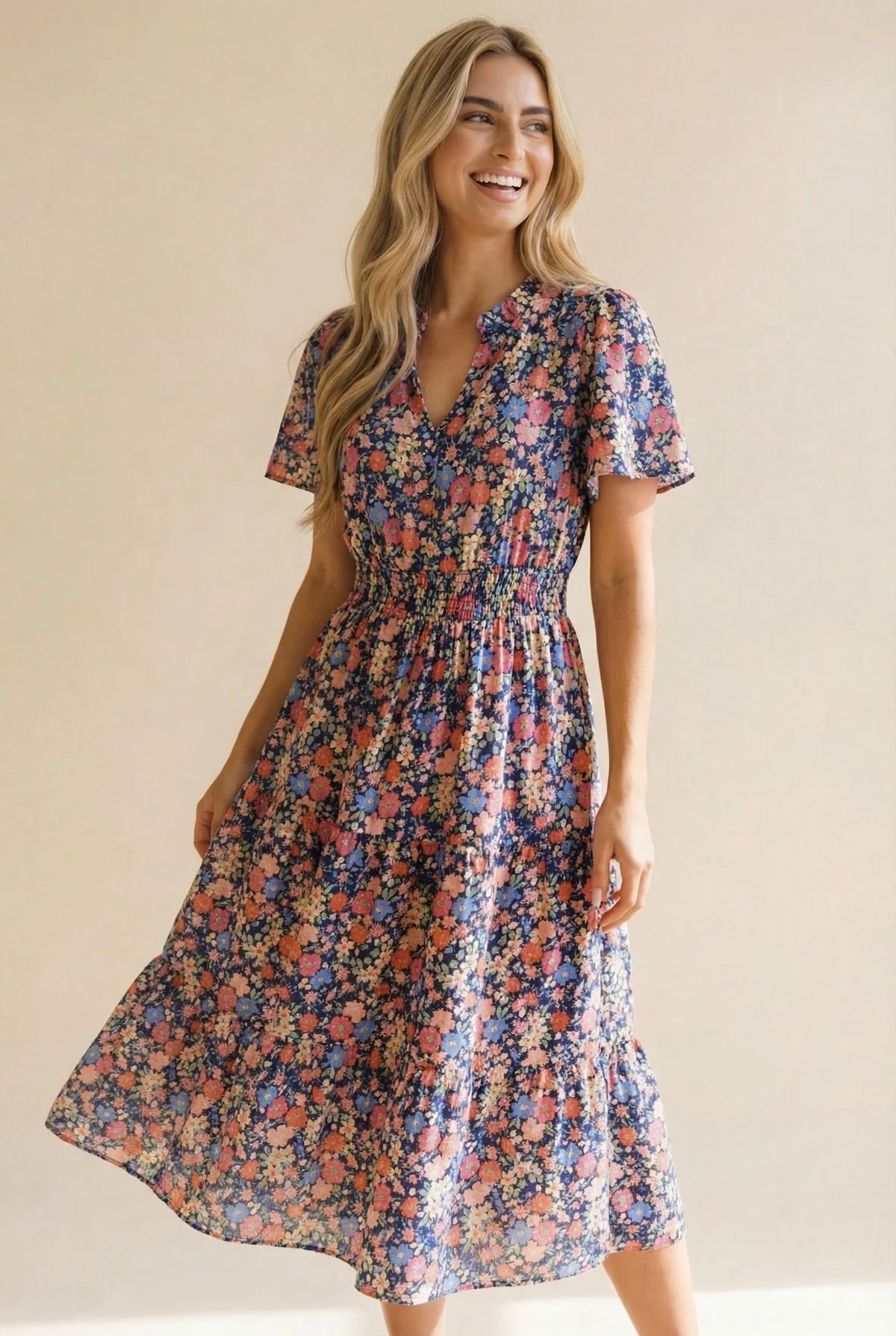 PLUS NOTCH NECK SMOCKED WAIST TIERED FLORAL DRESS - Image 2
