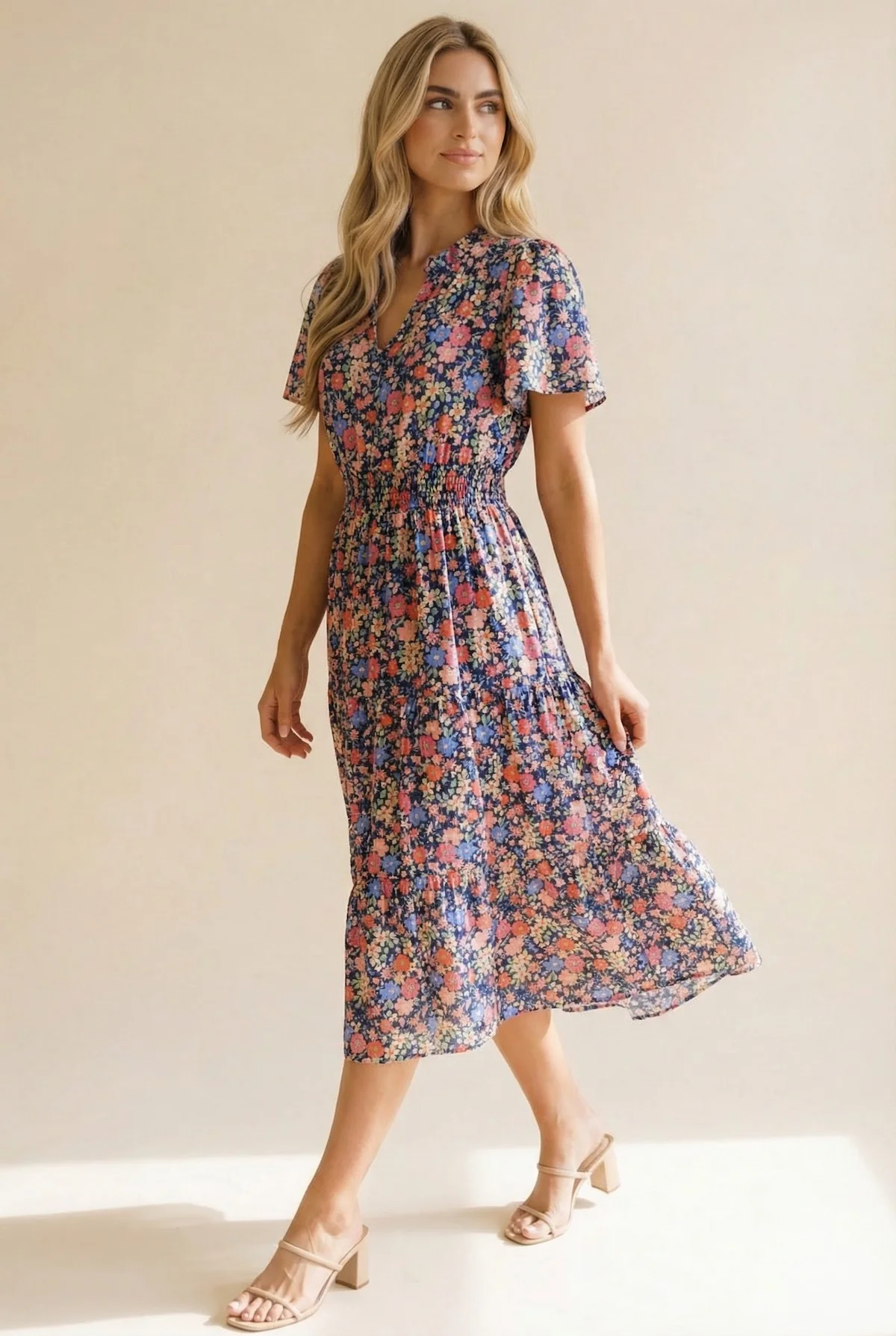 PLUS NOTCH NECK SMOCKED WAIST TIERED FLORAL DRESS - Image 5