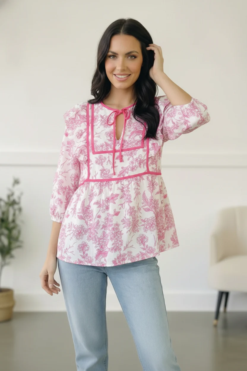 Notched Neck with Bow Ribbon Tie Woven Top - Image 2