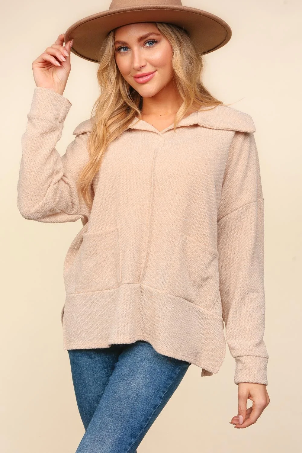 OATMEAL COLLARED NOTCH NECK OVERSIZED SWEATER KNIT TOP - Image 2