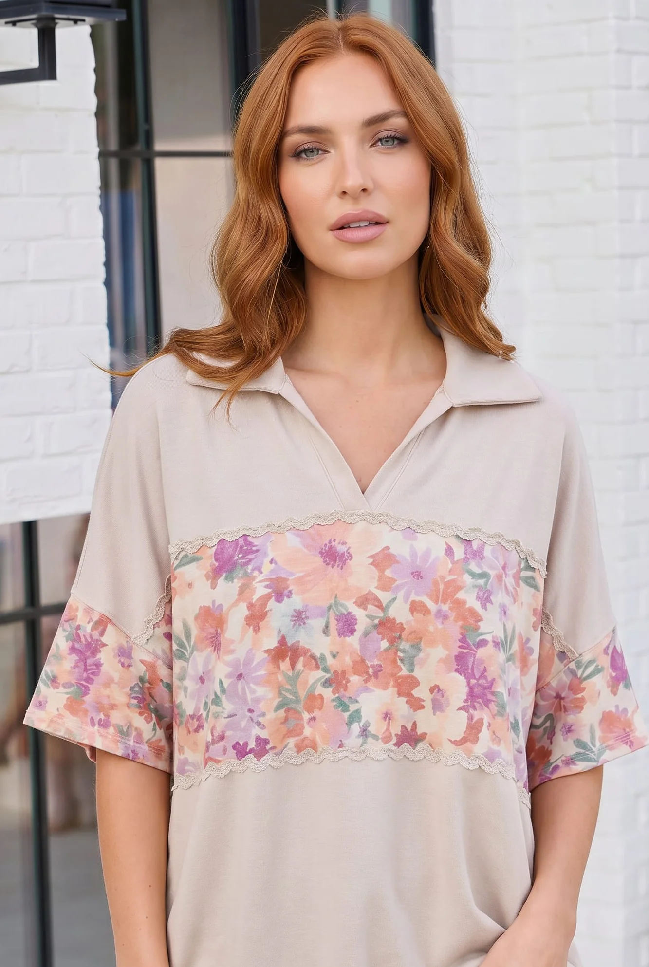 Oatmeal Floral Panel Collared Short Sleeve Top - Image 2