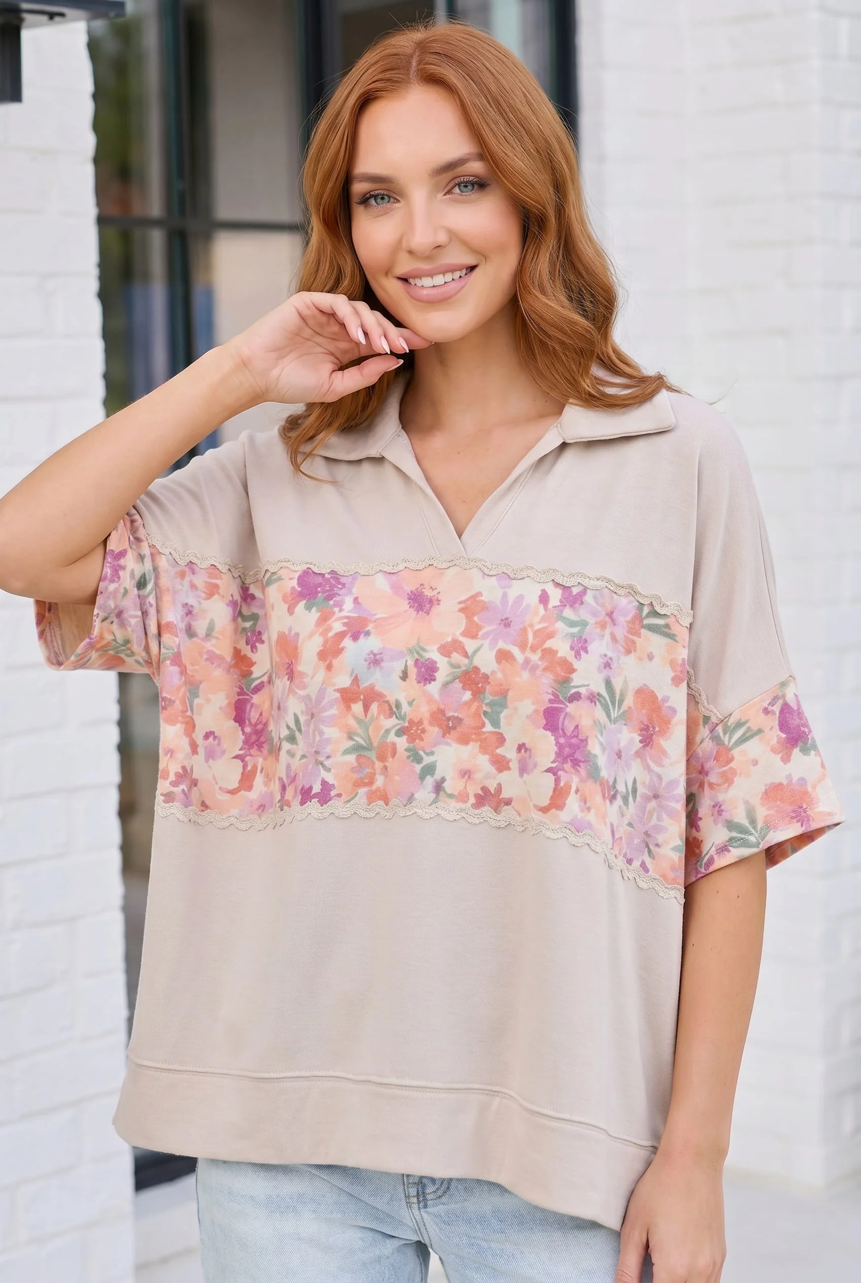 Oatmeal Floral Panel Collared Short Sleeve Top - Image 3