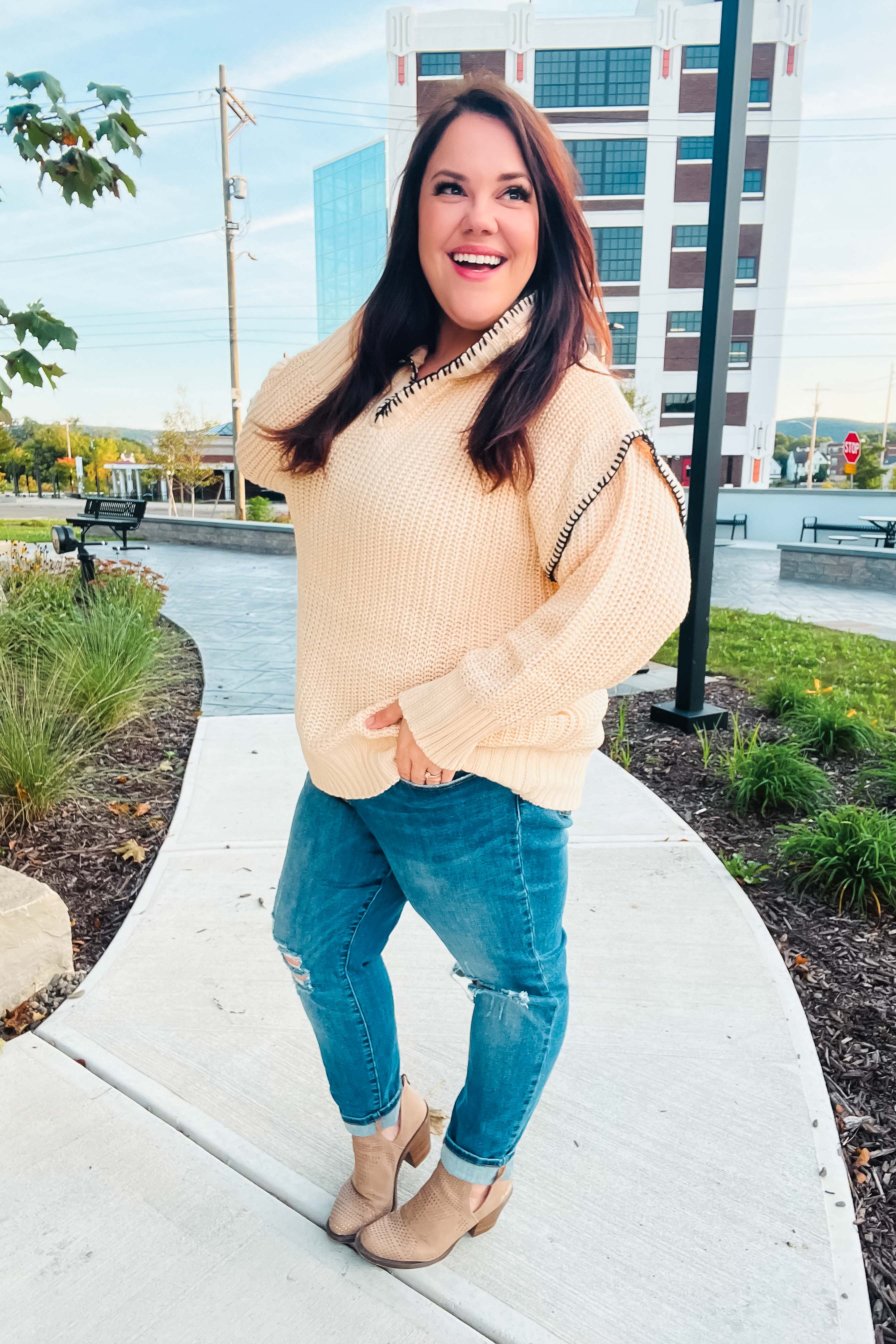 The Perfect Day Oatmeal Notched Neck Contrast Stitch Knit Hoodie (Open Pack) - Image 11
