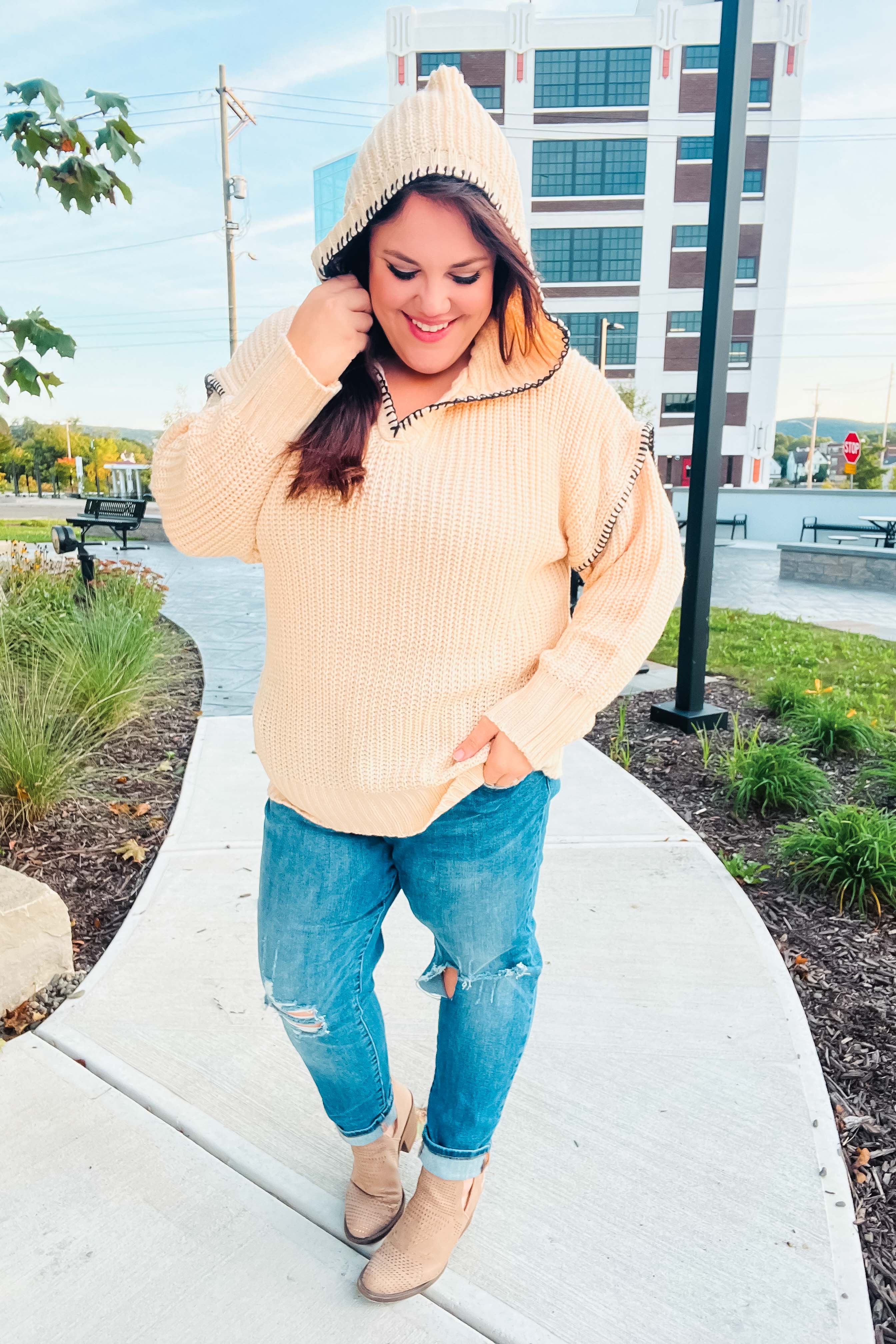 The Perfect Day Oatmeal Notched Neck Contrast Stitch Knit Hoodie (Open Pack) - Image 13
