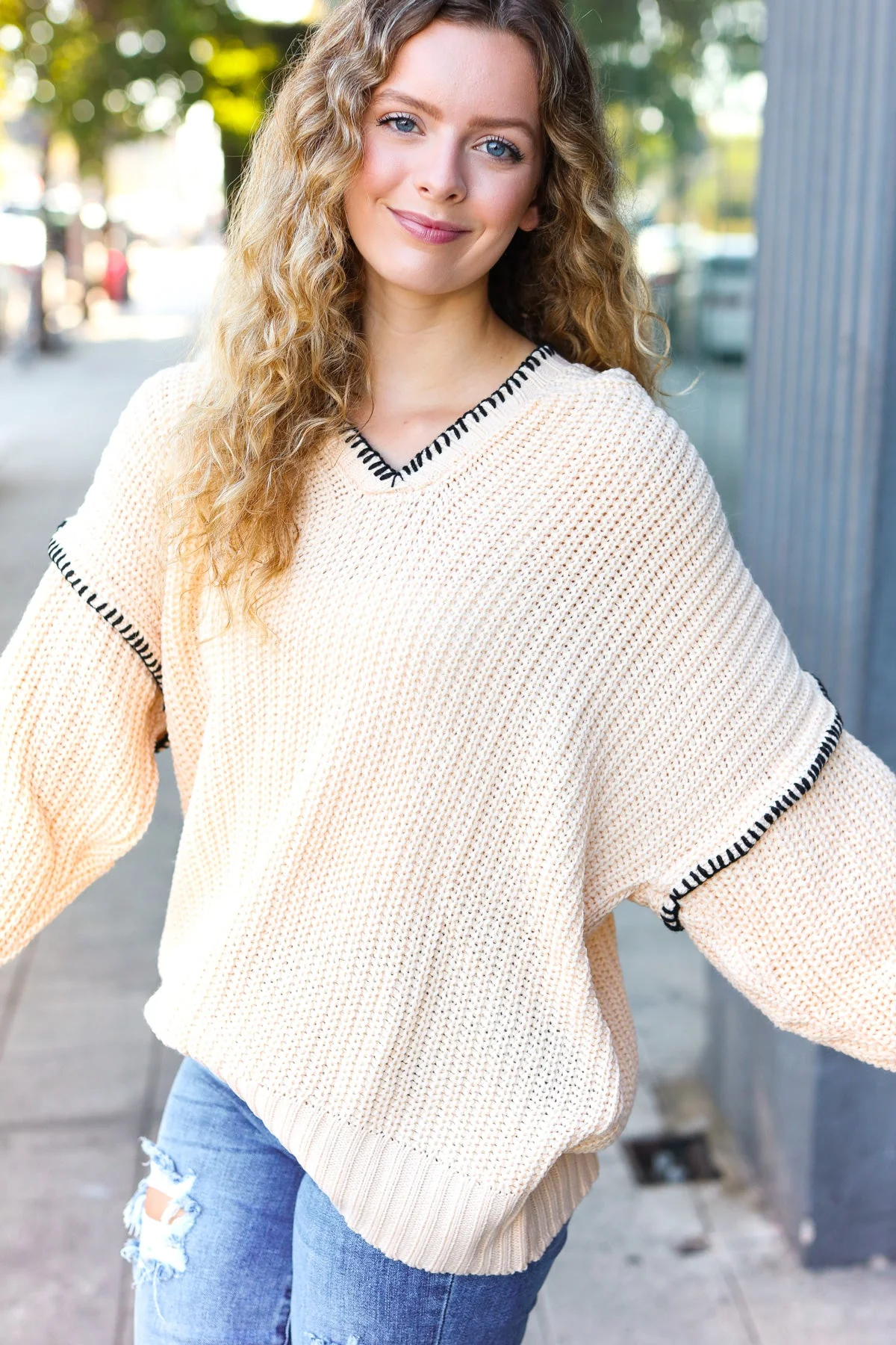 The Perfect Day Oatmeal Notched Neck Contrast Stitch Knit Hoodie (Open Pack) - Image 20