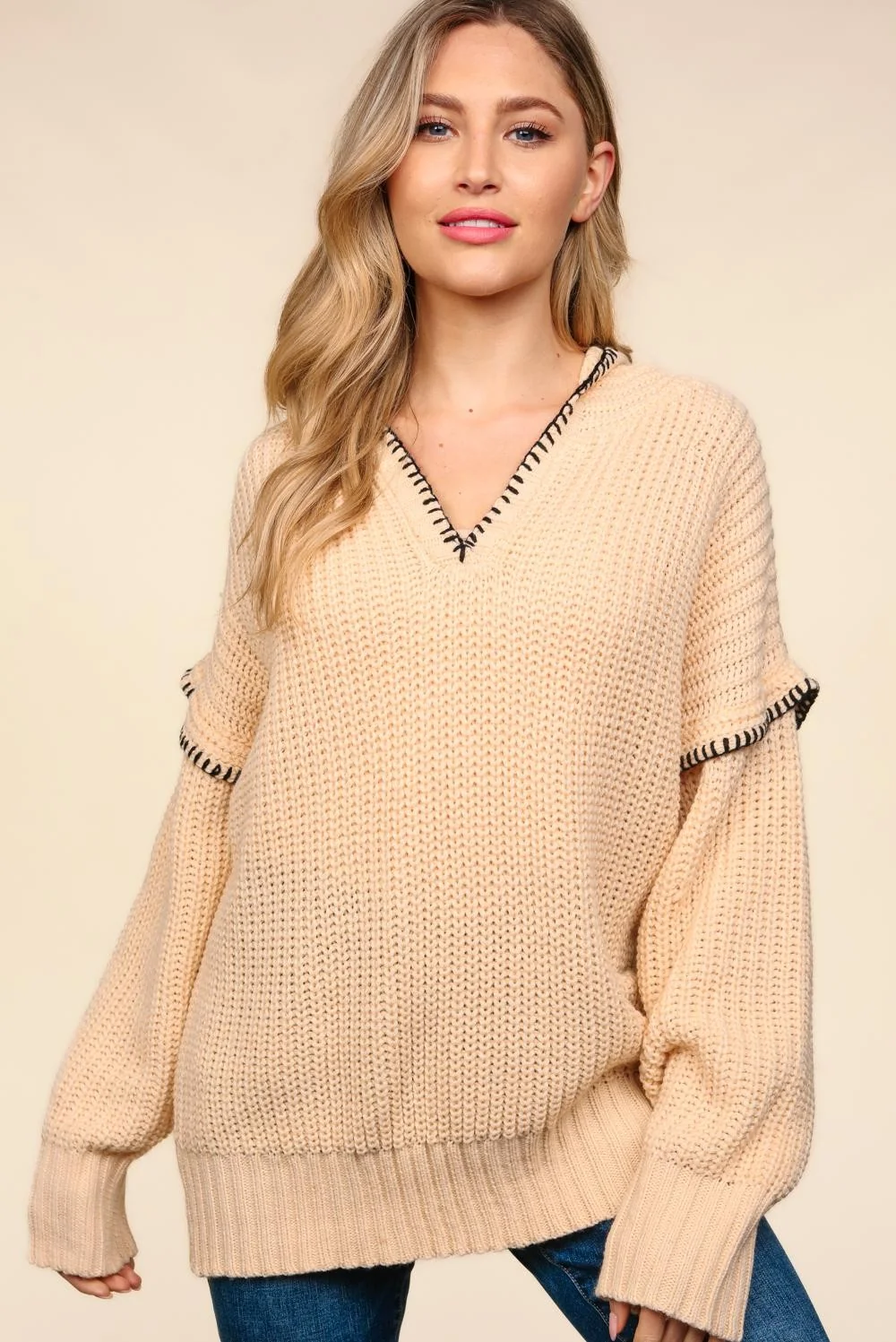 Oatmeal NotchedNeck Loose Fit Oversized Pullover Sweater - Image 4