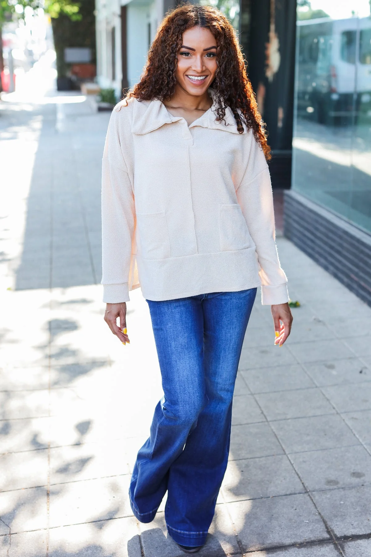 Easy Living Oatmeal Textured Knit Notch Neck Oversized Collar Sweater (Open Pack) - Image 15