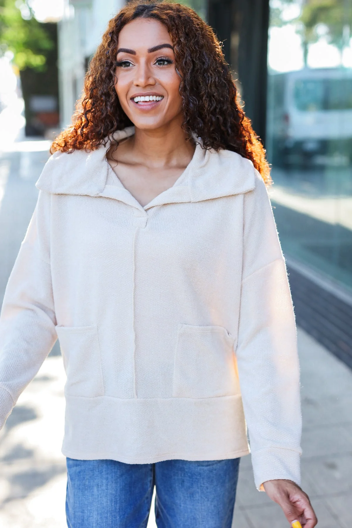 Easy Living Oatmeal Textured Knit Notch Neck Oversized Collar Sweater (Open Pack) - Image 7