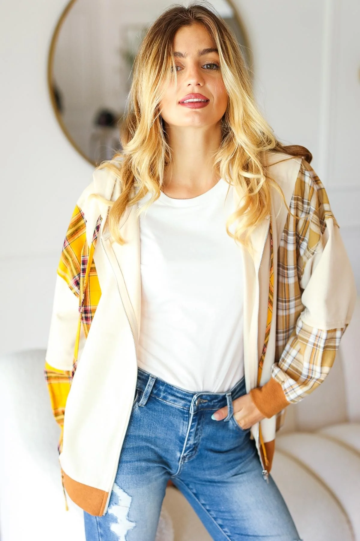 OATMEAL ZIP UP PLAID LONG SLEEVE JACKET WITH HOODIE - Image 4