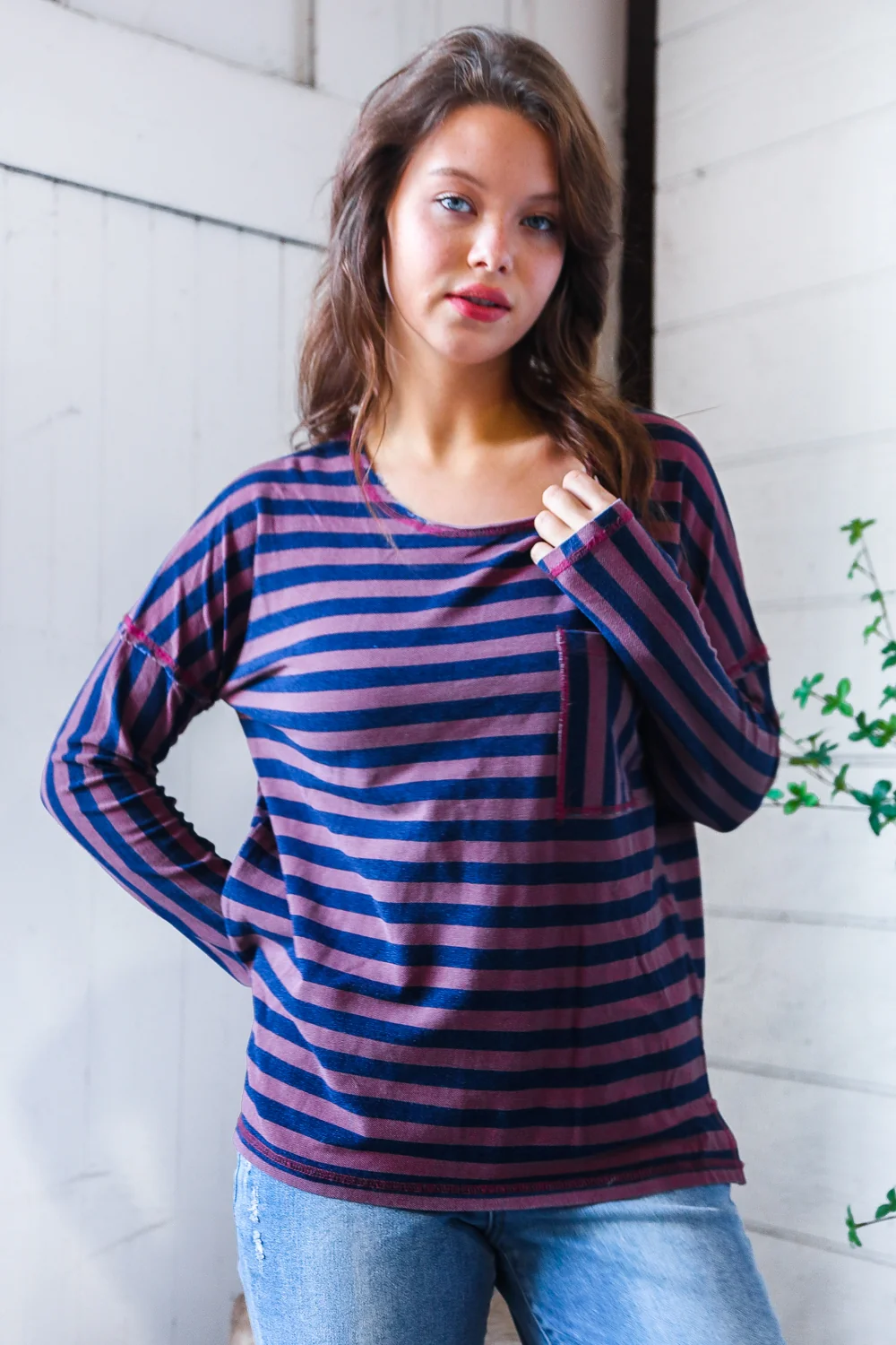 Off Merlot & Navy Cotton Stripe Top - Image 4