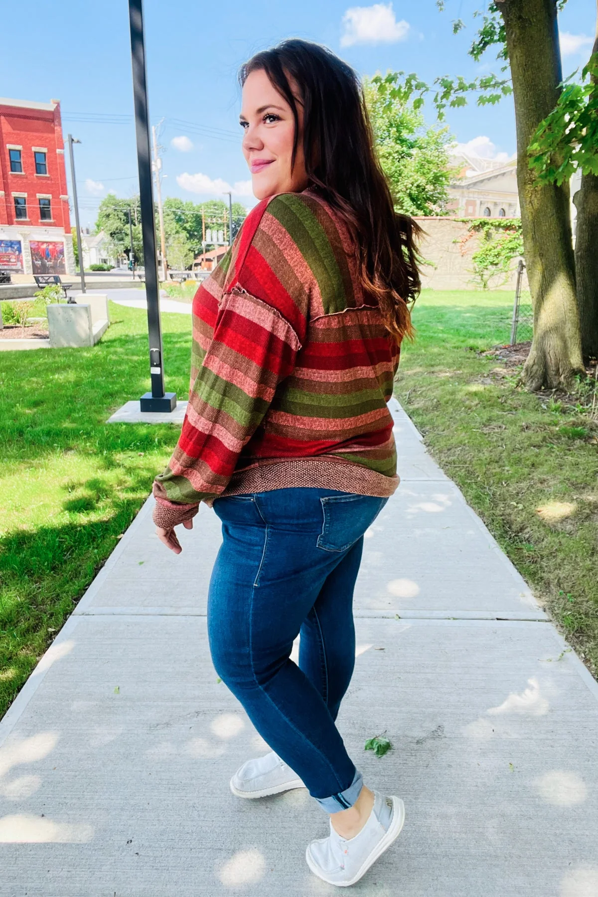 Perfectly You Olive & Mauve Stripe Two-Tone Banded Sweater Top (Open Pack) - Image 10