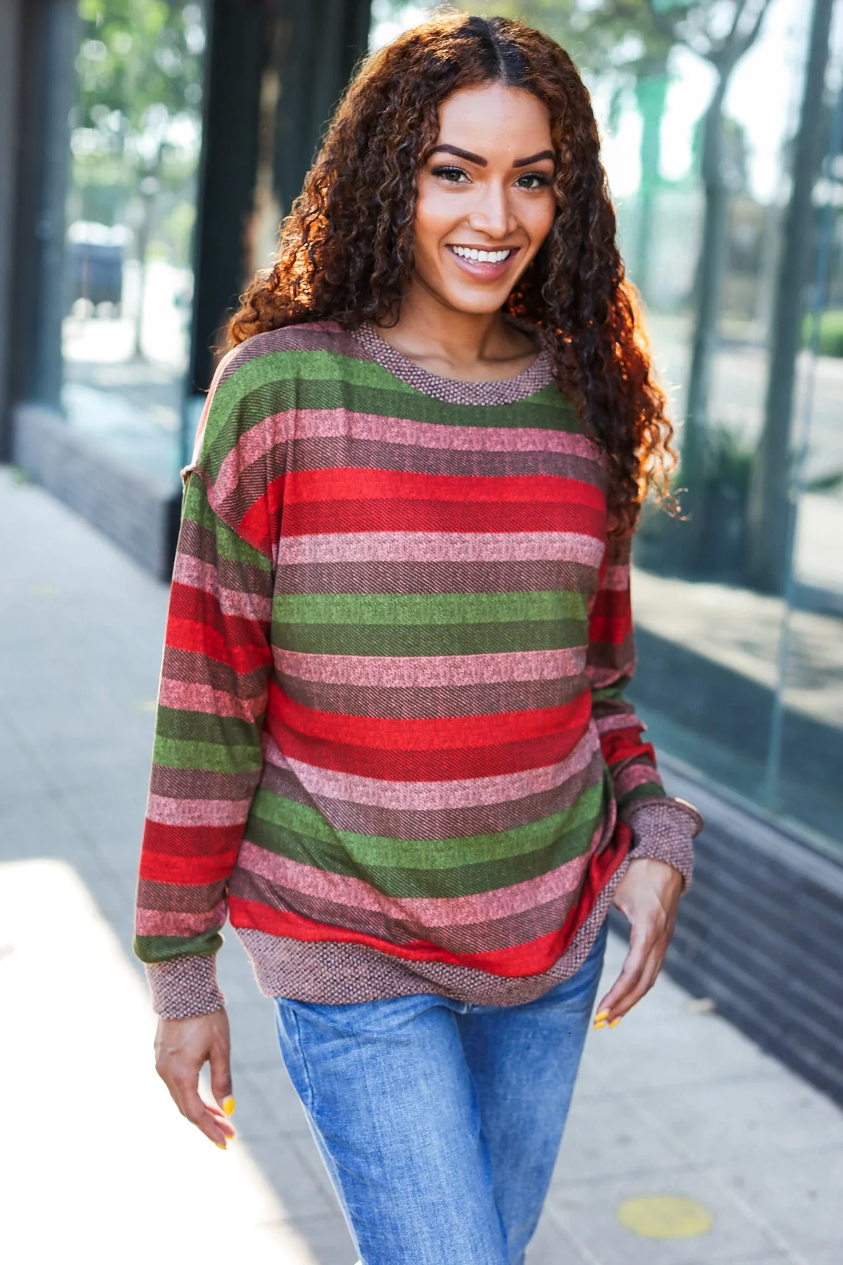 Perfectly You Olive & Mauve Stripe Two-Tone Banded Sweater Top (Open Pack) - Image 16