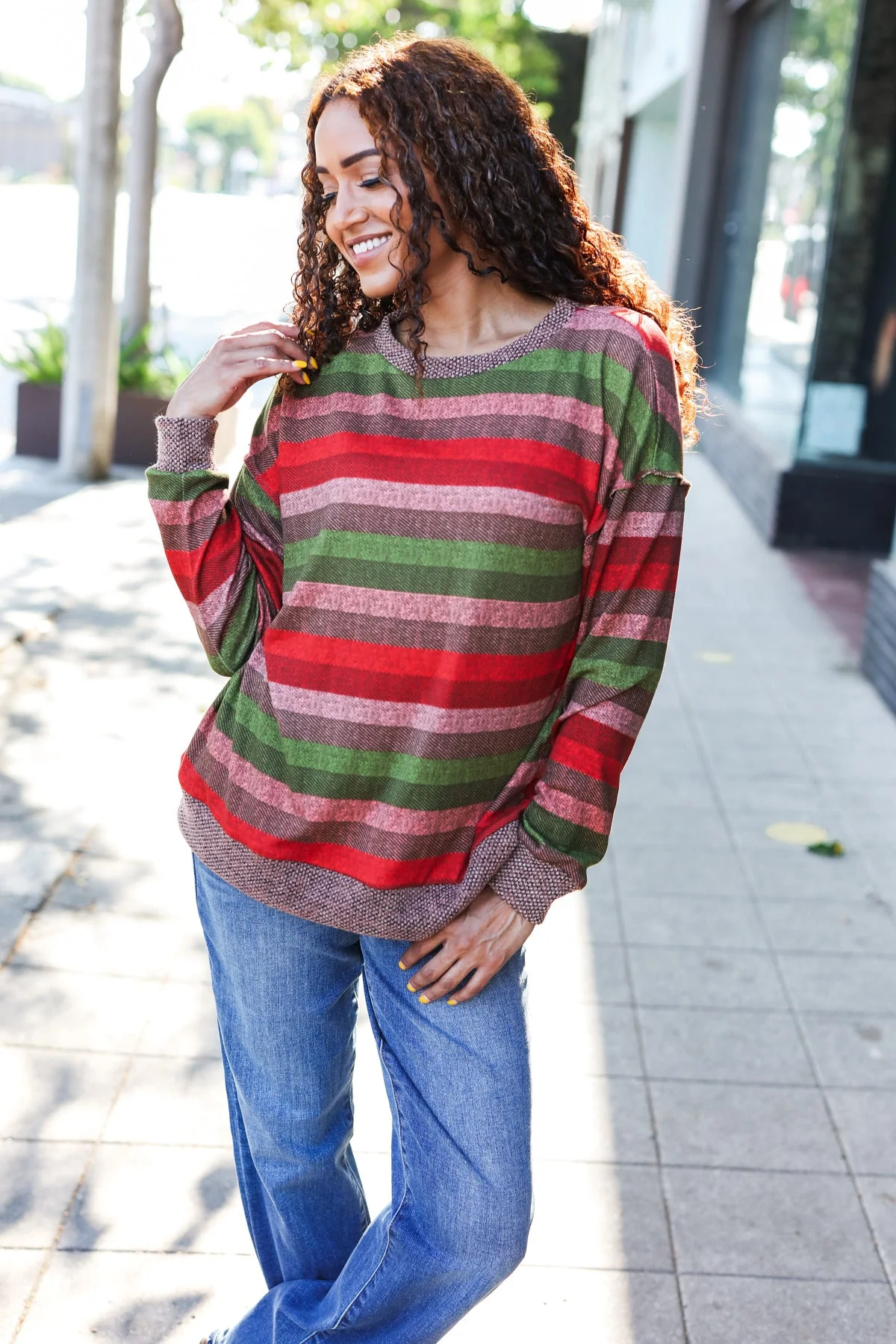 Perfectly You Olive & Mauve Stripe Two-Tone Banded Sweater Top (Open Pack) - Image 9