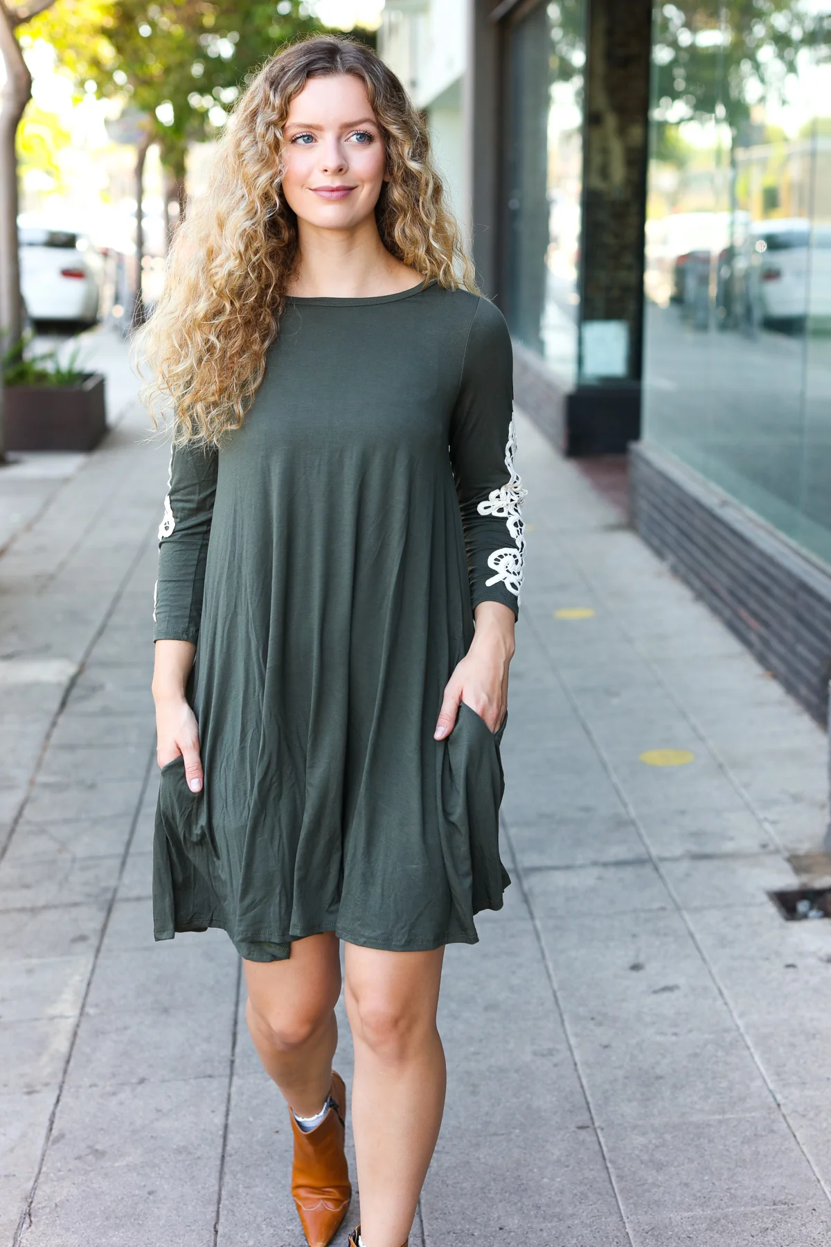 Olive Pocketed Crochet Sleeve Dress - Image 5