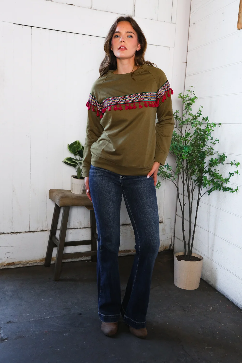 Olive Tassel Embellished Sweater - Image 3
