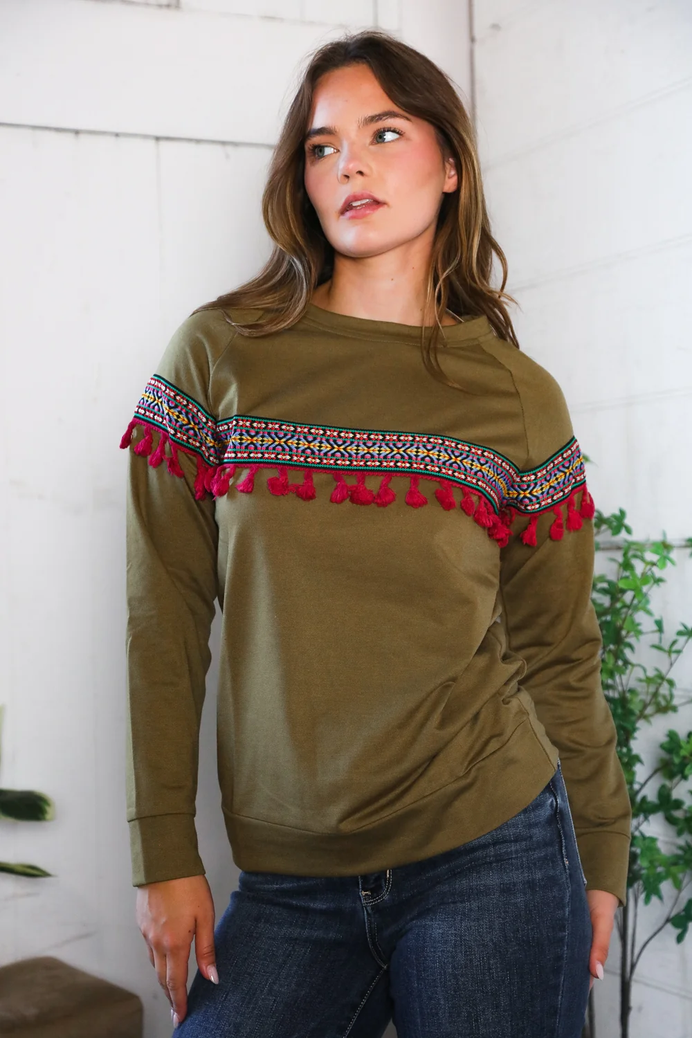 Olive Tassel Embellished Sweater - Image 7