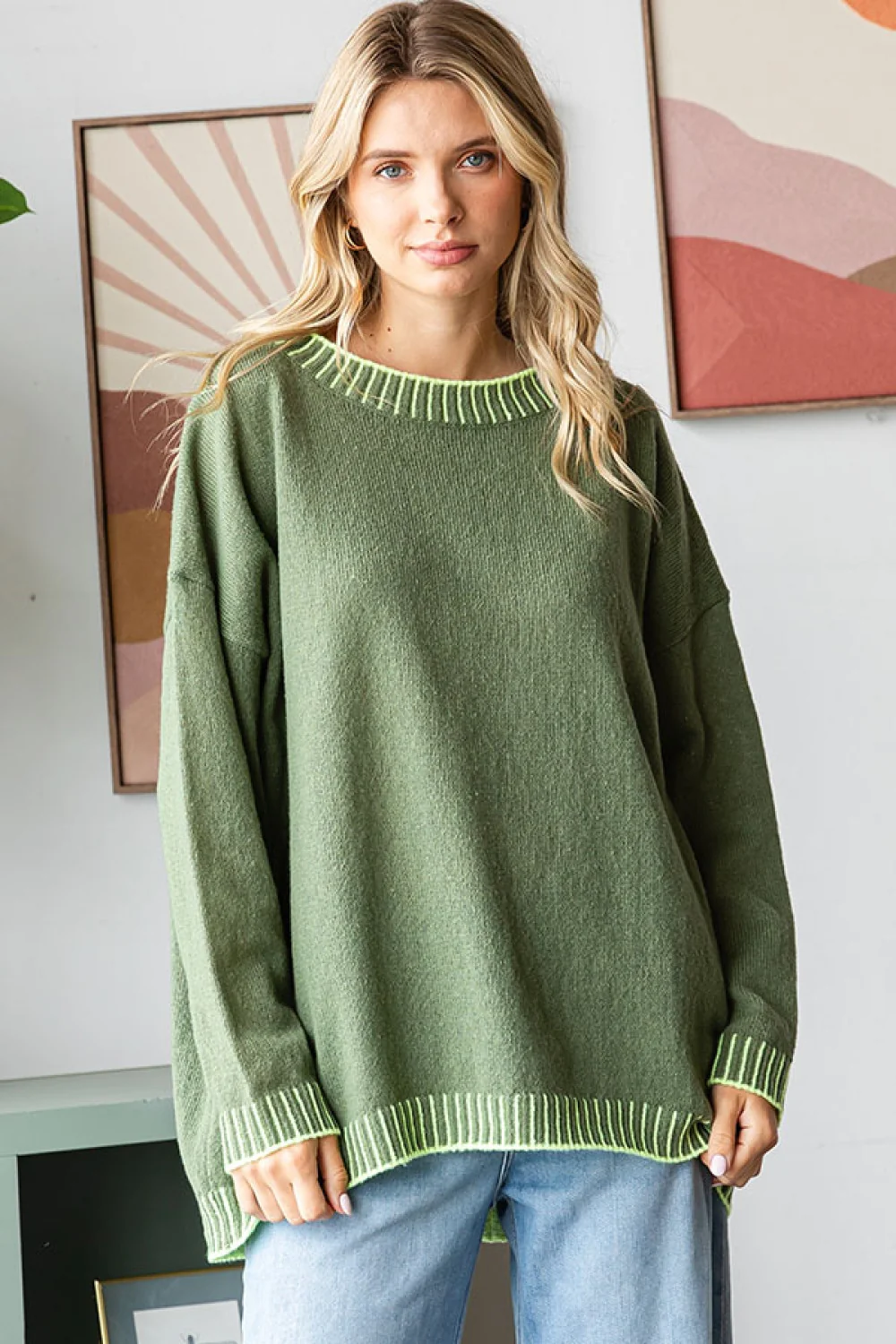 Olive with Lime Pattern Trim Pullover Sweater