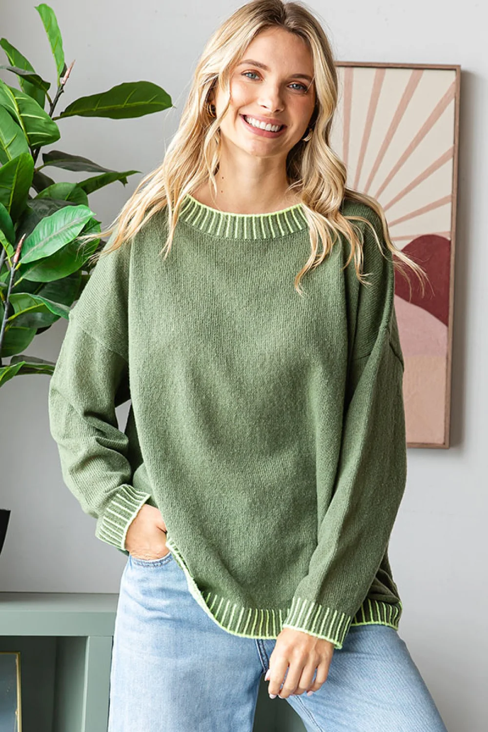Olive with Lime Pattern Trim Pullover Sweater - Image 5