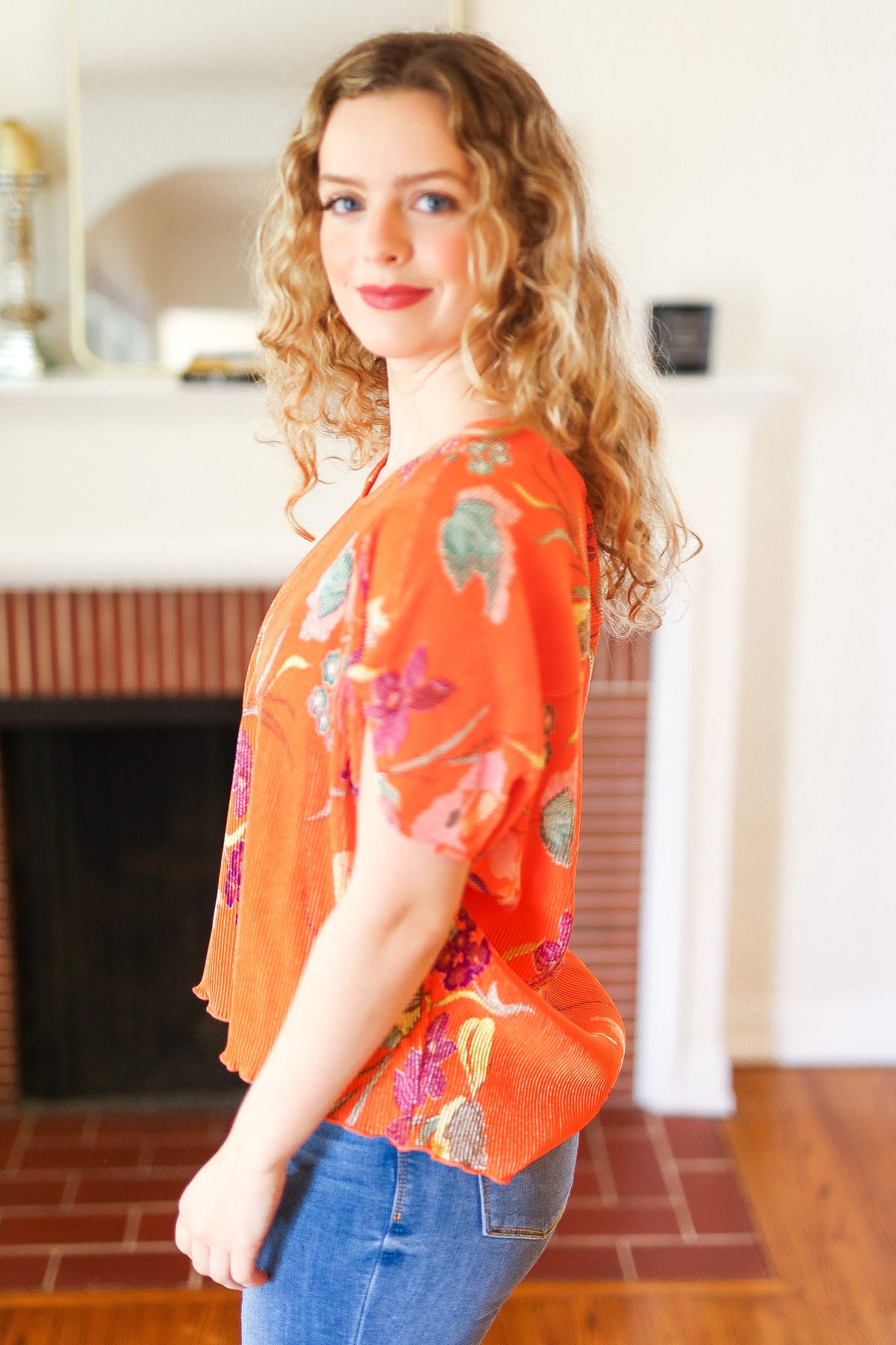 Orange Floral Crinkle Fabric Blouse - Image 4