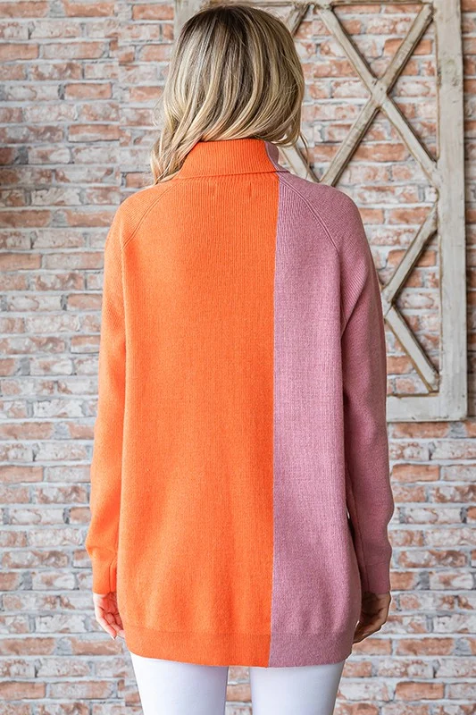 Orange/Mauve Color Block Cowl Neck Sweater - Image 3