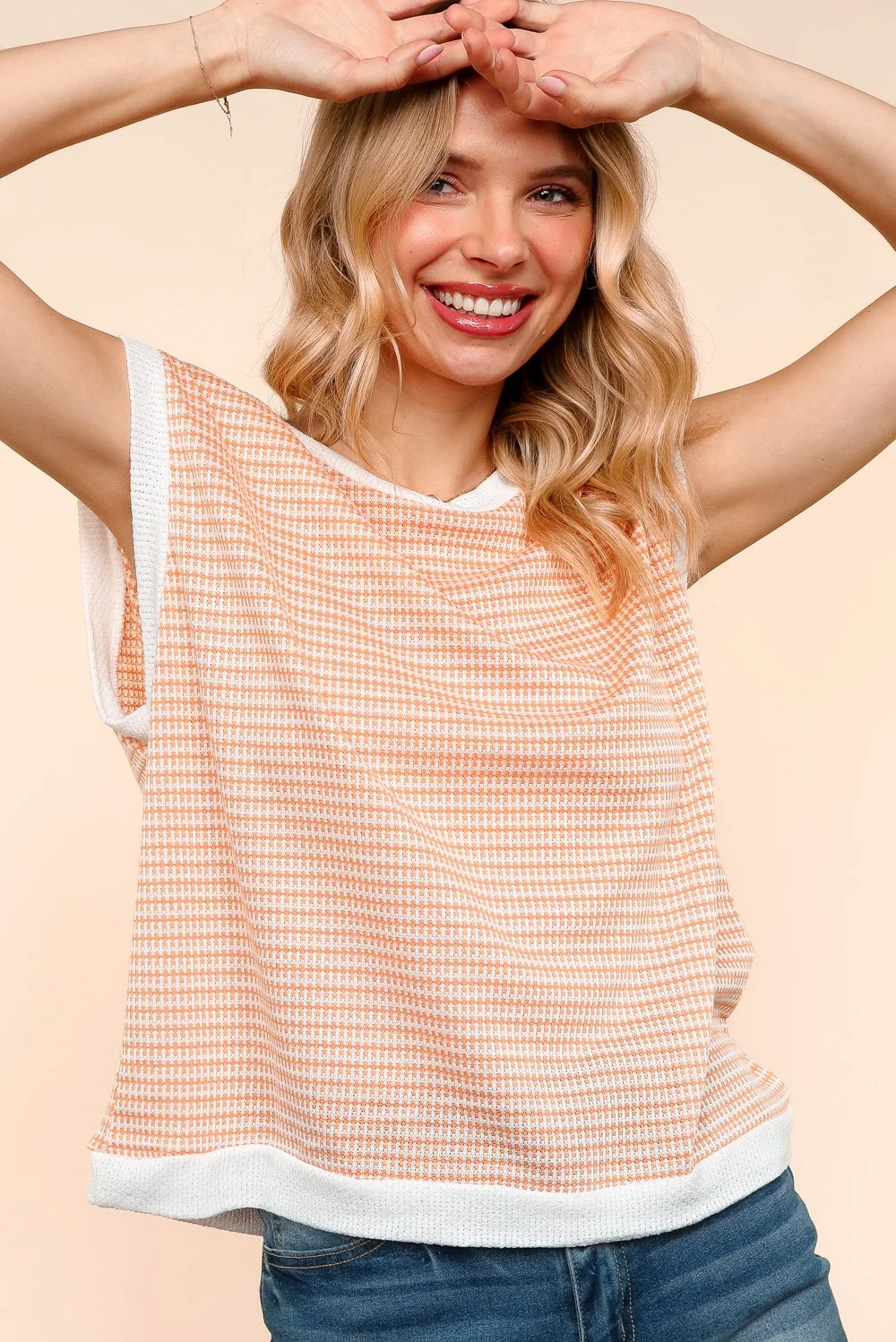 ORANGE TWO TONE JACQUARD WAFFLE KNIT TOP - Image 5