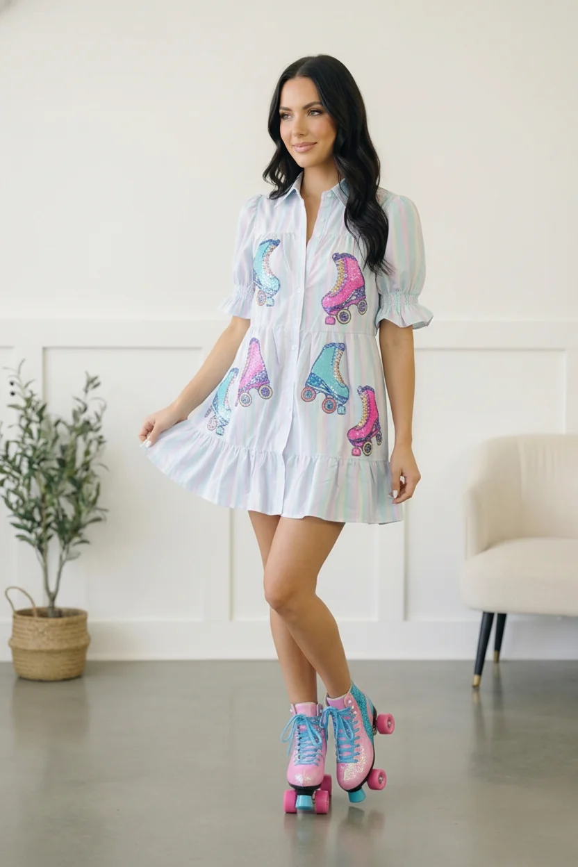 Pastel Multi Stripe Button Roller Skate Sequin Patch Pocket Dress - Image 4