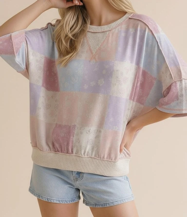 Plus Pastel Patchwork Floral Print Dolman Top - Image 2